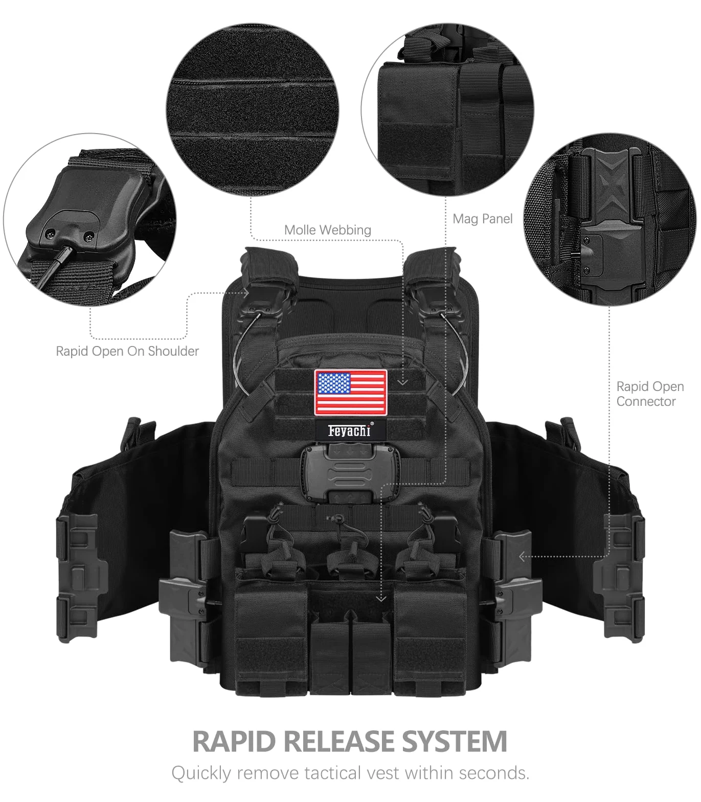 Feyachi Chaleco táctico magnético para airsoft, sistema MOLLO, chaleco táctico multifuncional de liberación rápida, chaleco táctico ajustable de cuerpo completo, chaleco de desmontaje con un solo