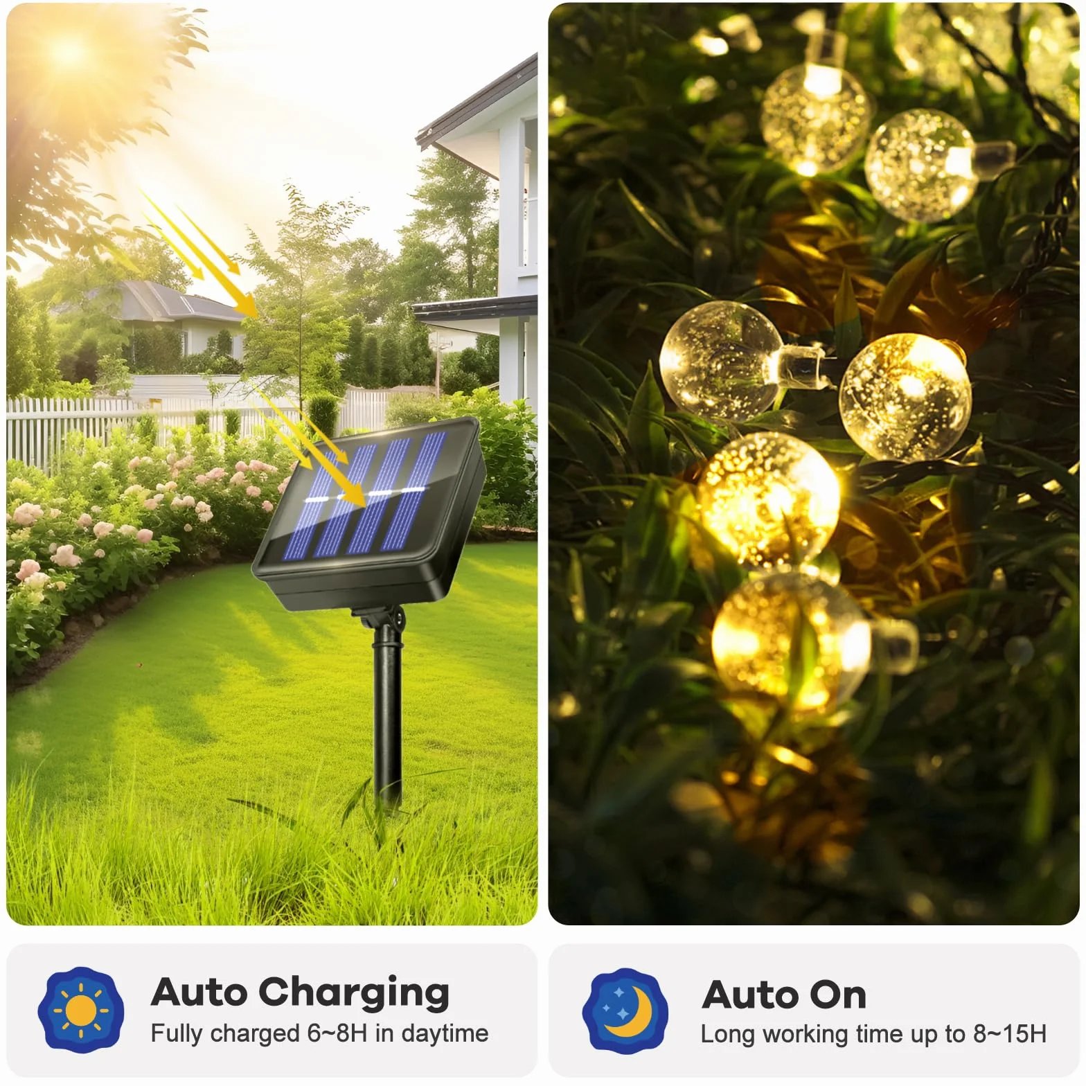 Guirnaldas Luces Exterior Solares 11M 60LED IP65 Impermeable 8 Modos Cadena Solar Blanco Cálido