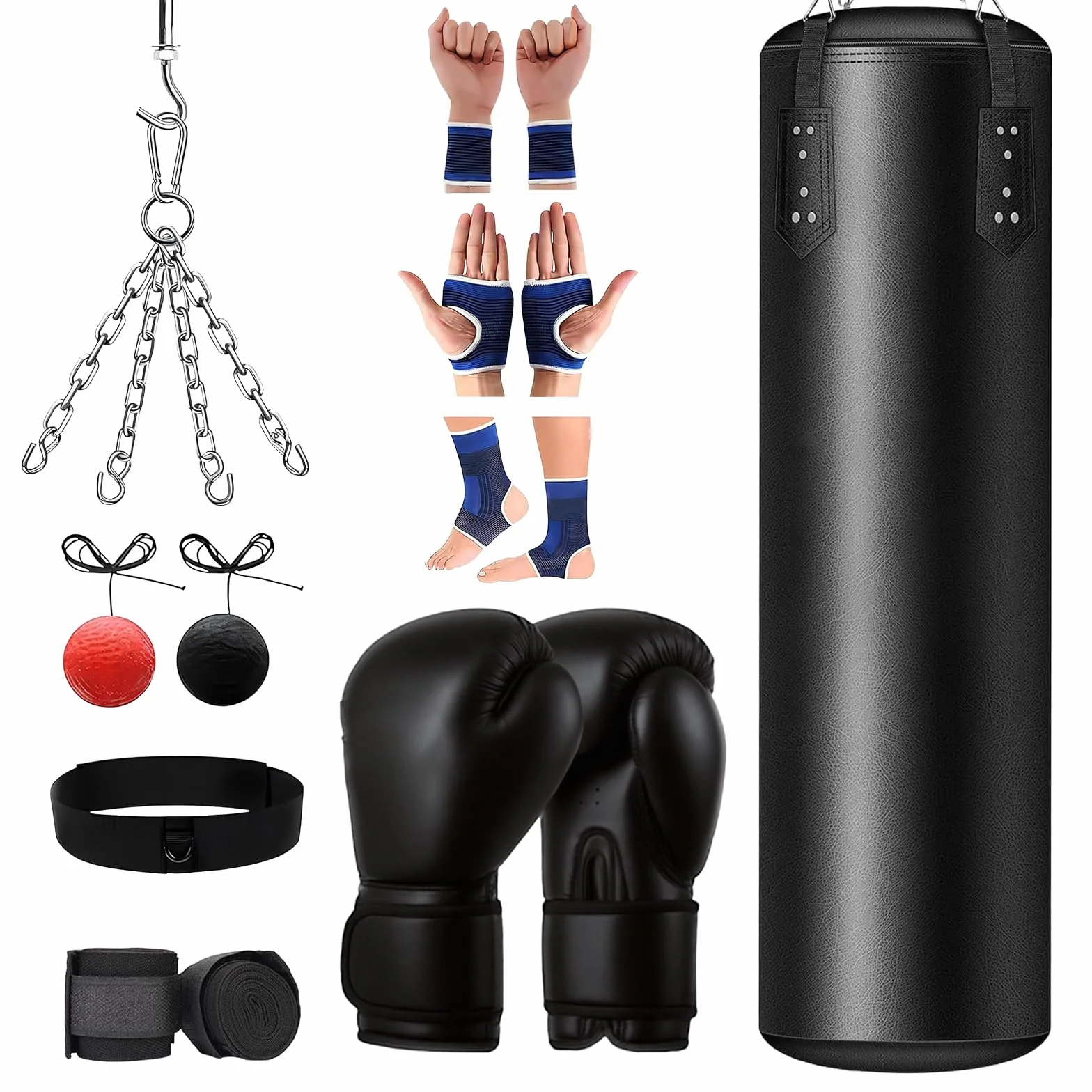Set de Saco de Boxeo 120 cm para Adultos con Guantes, Kit de Protecciones Azules, Pelota de Reacción, Cadena y Gancho - Equipo Completo para Entrenar en Casa, Gimnasio, Kickboxing, Muay Thai, Karate