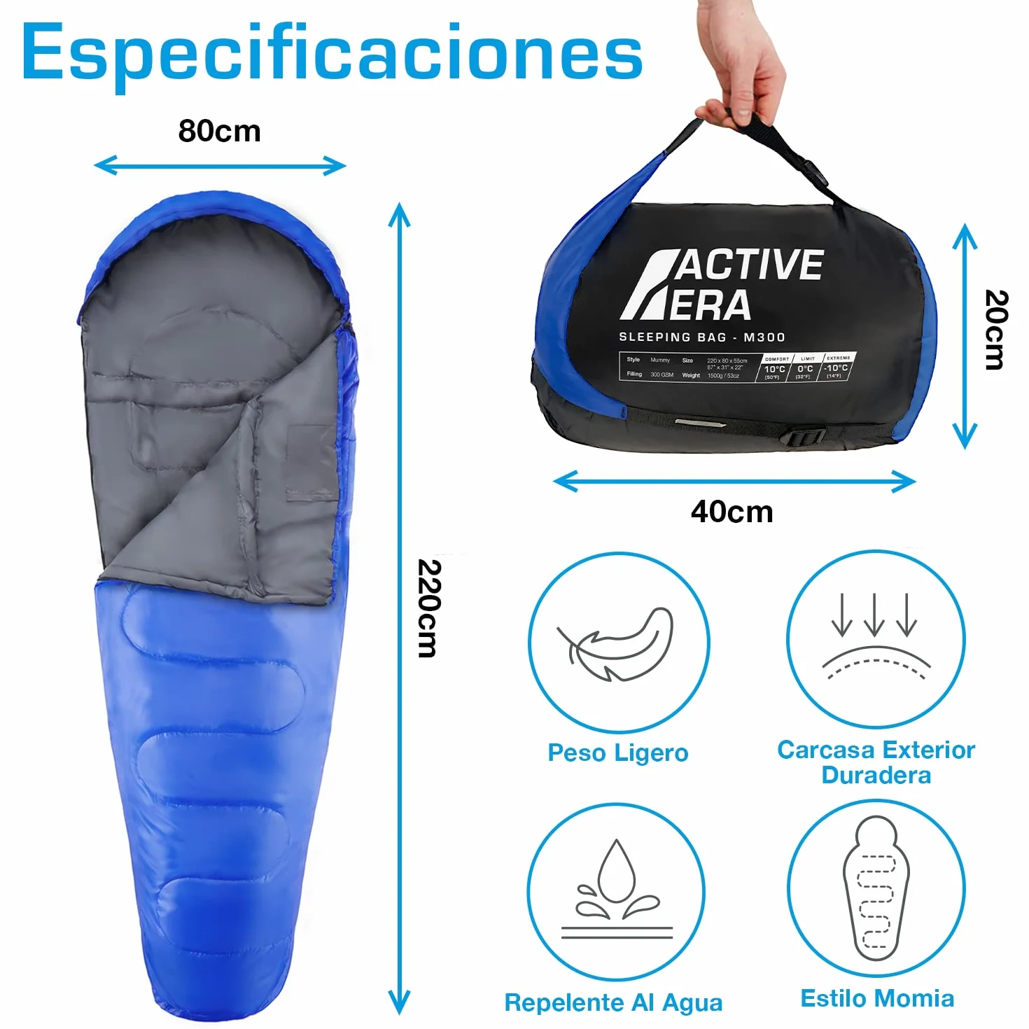 Active Era Saco de Dormir 200 cm x 80 cm 300gr - Resistente al Agua, Relleno de Doble Capa, Cálido con Capucha y Cordón. Saco de Dormir Ultraligero Todas Las Estaciones, Adultos y Niños