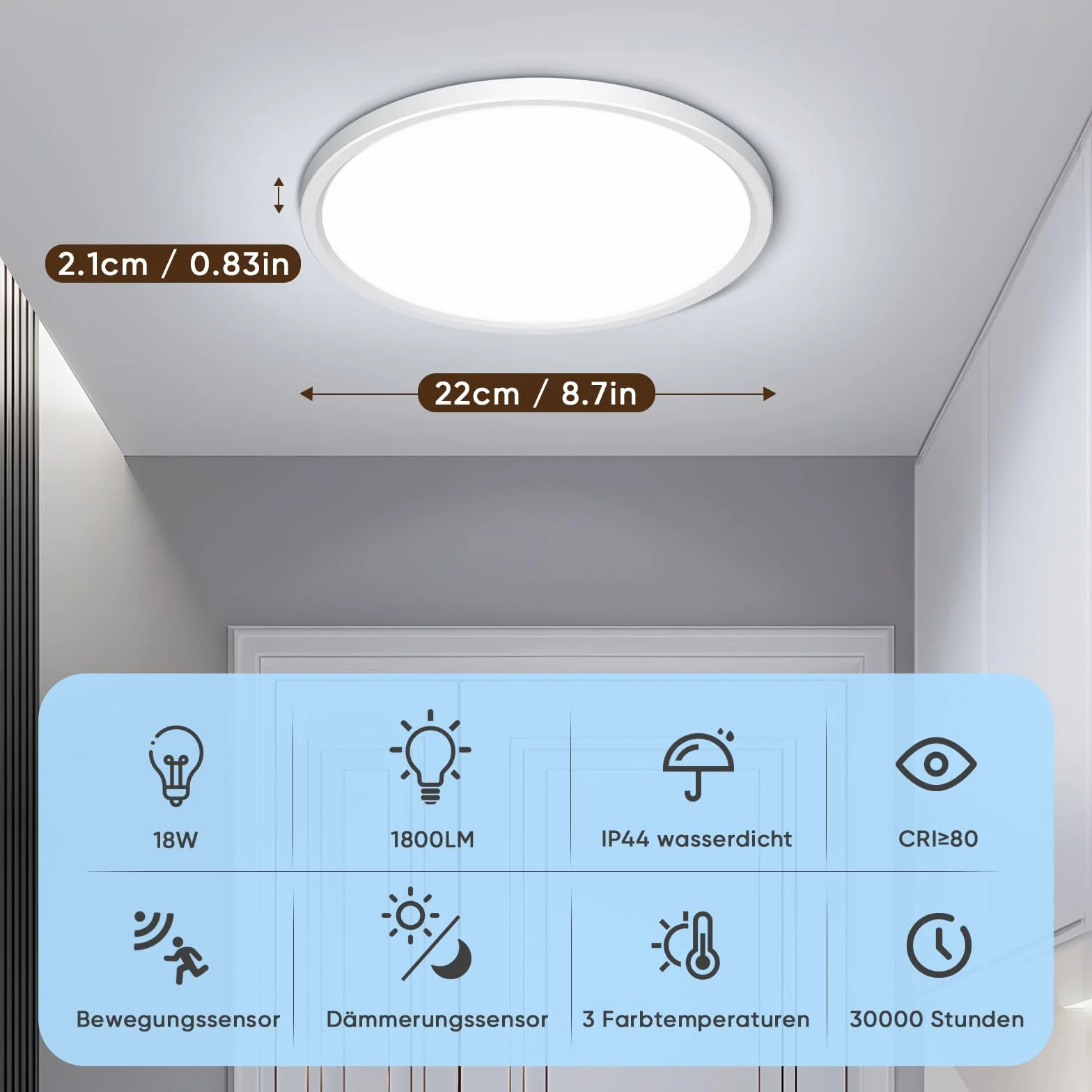 NIBSHOOM Plafón LED Techo con Sensor de Movimiento 18W IP44 3000K/4000K/6500K Impermeable Ø22cm