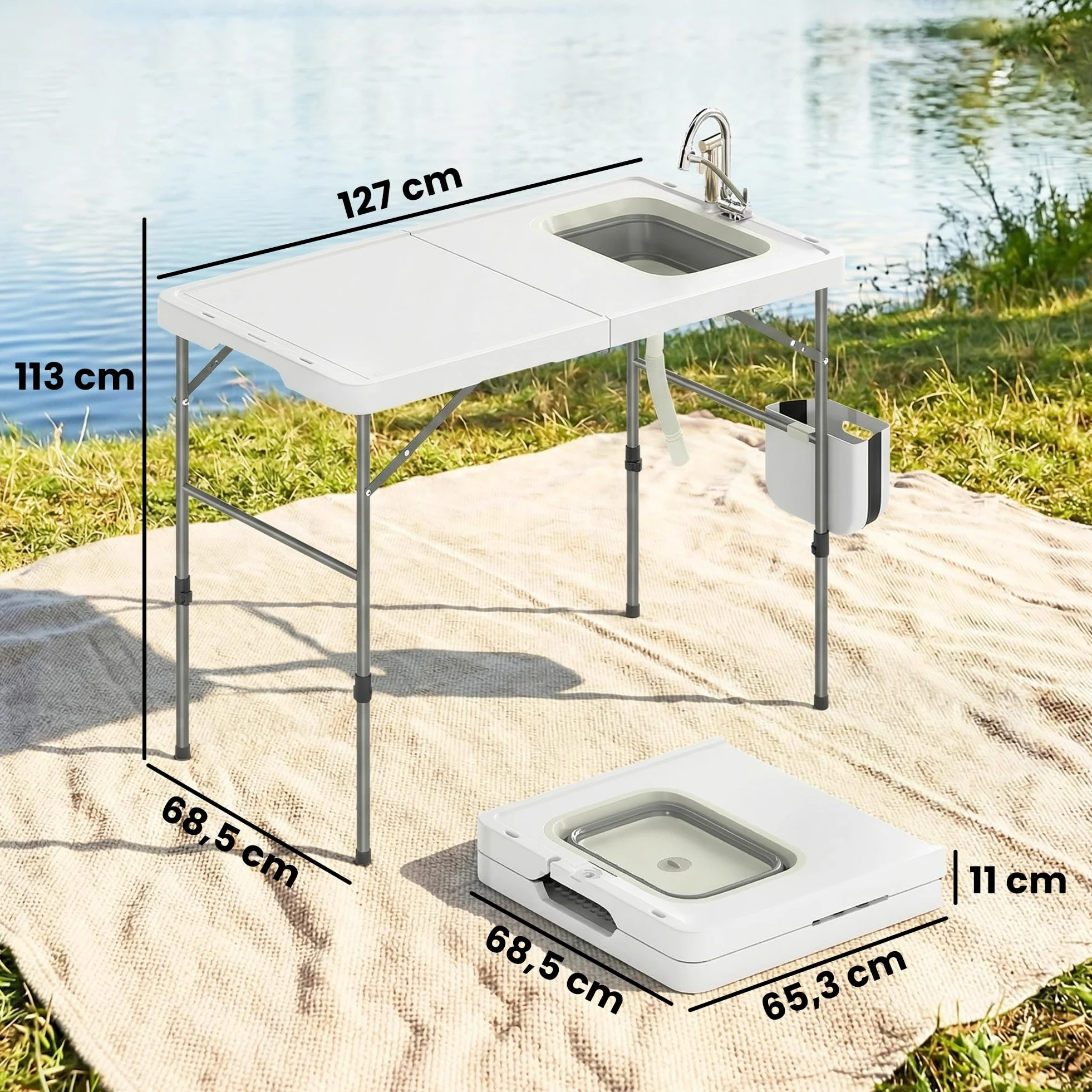 Outsunny Mesa Plegable Camping con Fregadero, Mesa Portátil con Grifo, Altura Regulable, Cubo Plegable, Bolsa de Transporte, Regla, Ranuras para Cuchillos, Mesa Auxiliar Exterior para Jardín Terraza