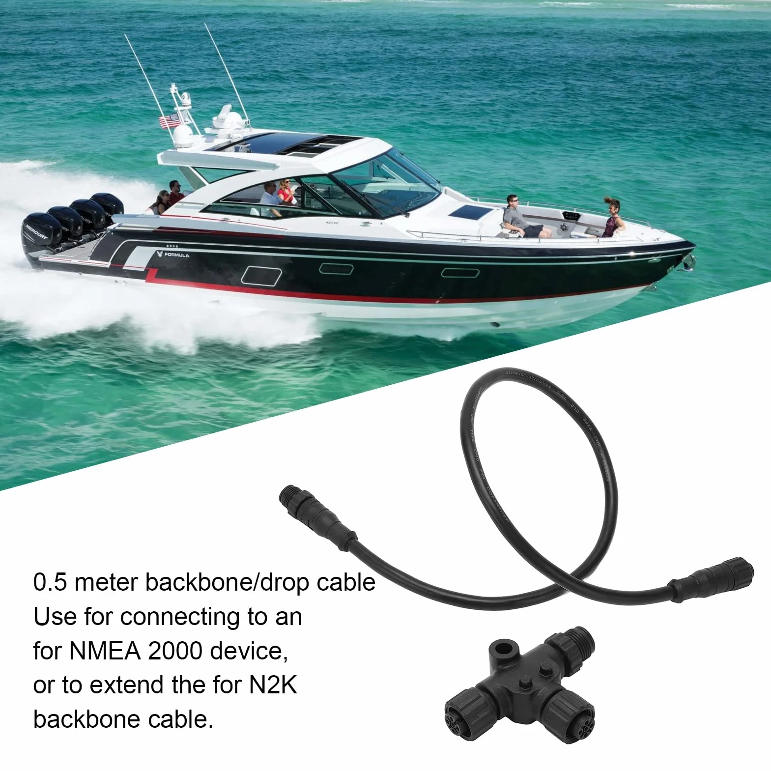 Cable de Bajada NMEA 2000, Cable de Bajada M12 de 0,5 M y 5 Pines con Conector en T, Cable de Extensión de Red NMEA 2000 para Redes Lowrance Networks Simrad