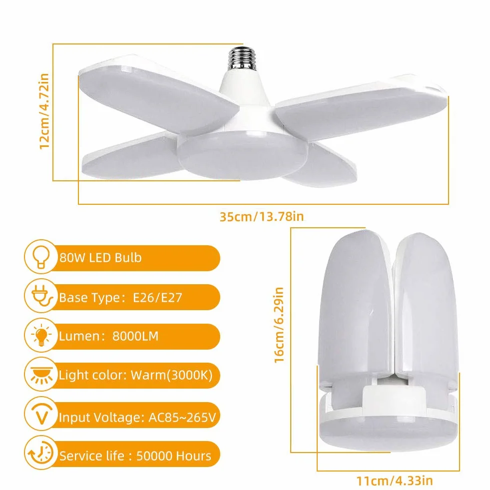 Lámpara de Techo LED 80W 8000LM E27 4 Paneles Ajustables Blanco Frío para Garaje Taller