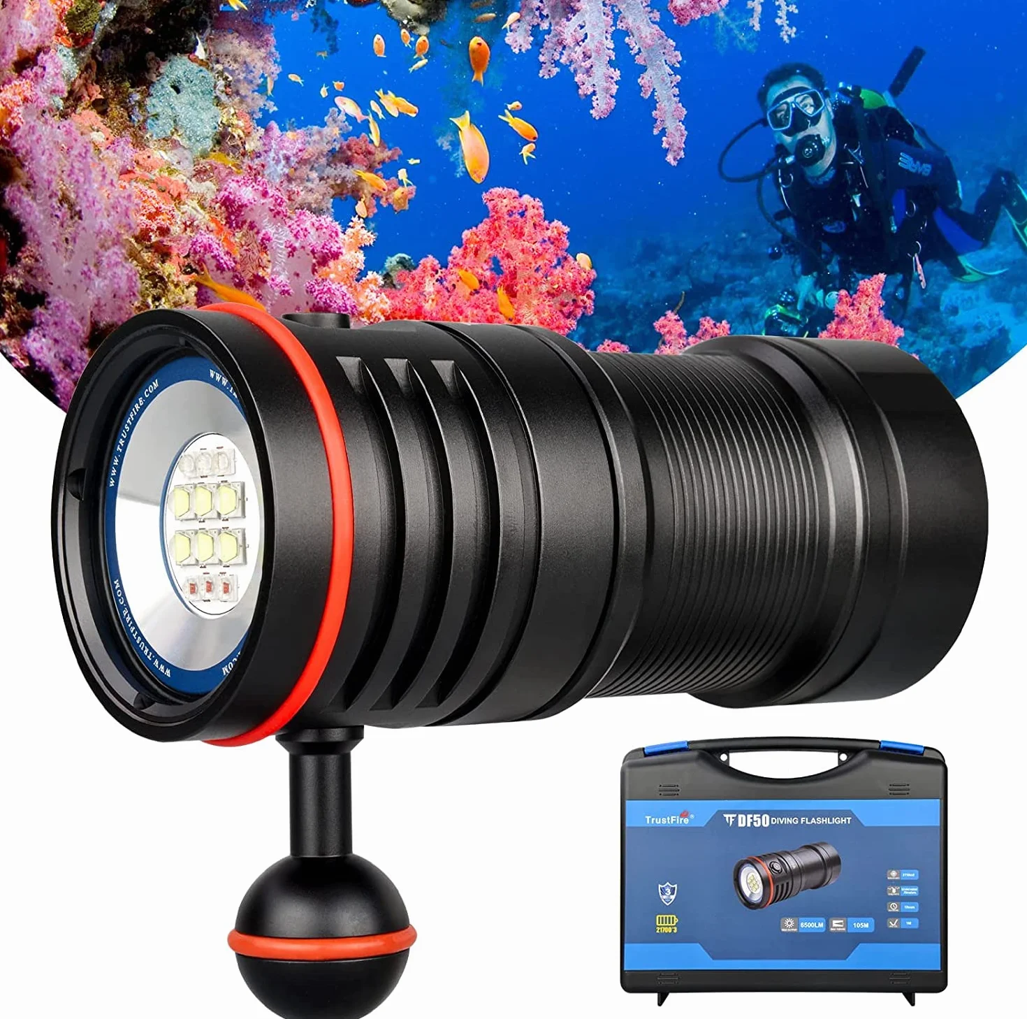 Linterna de Buceo, TrustFire DF50 Kit Antorcha de Buceo Recargable 6500 Lúmenes, Linterna Sumergible 70M Impermeable, 3 Tipos Diferentes de Iluminación（Luz de Blanca, UV, Roja）