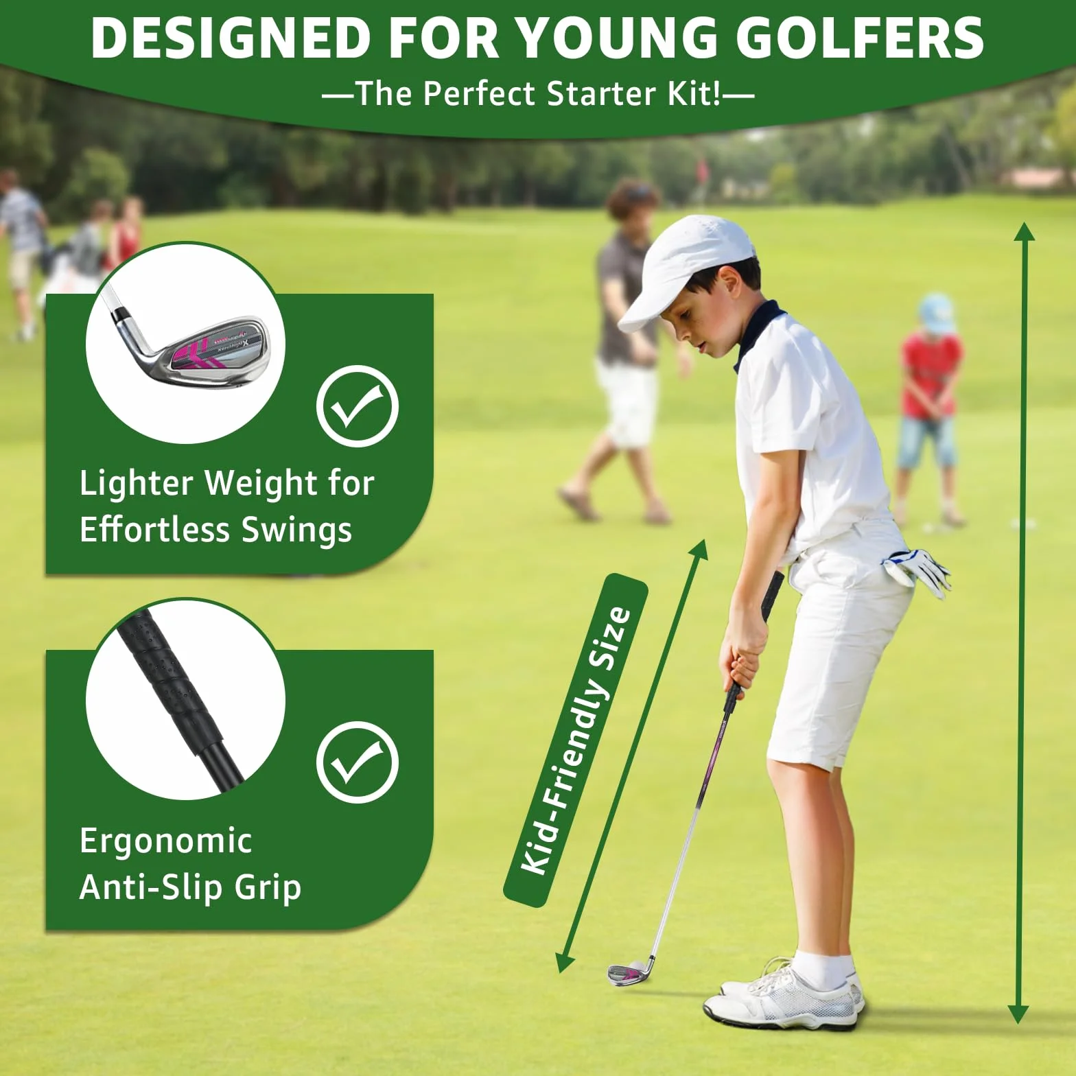 XDriveMax Juego de palos de golf para niños de 5/6 piezas, juego de palos de golf junior de 4 a 12 años, incluye bolsa de soporte, 1# Drive, 5# híbrido, 6/7#, 9/P # hierros y putter mano derecha para