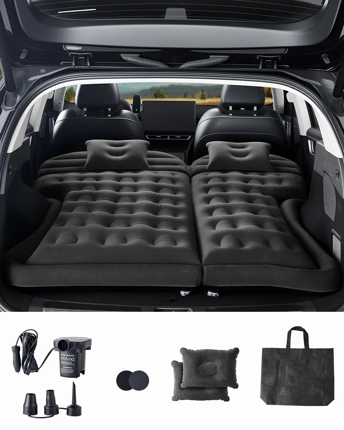 VEVOR Colchón Inflable de Camping para Coche, Grueso y Aterciopelado, Duradero con Bomba de Aire, 2 Almohadas, Boquilla y Bolsa de Transporte, para SUV, MPV y Sedán, Negro, 1750 x 1330 x 150 mm
