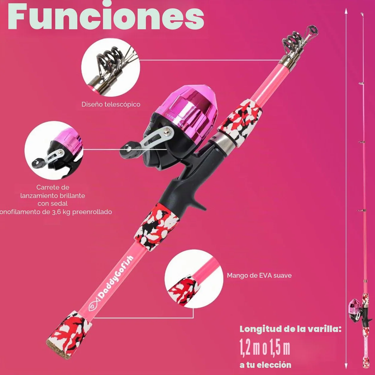 Daddy Go Fish Niños Caña de Pescar telescópica Spincast Combo Silla Plegable Soporte de Varilla Caja de Aparejos Red de Cebo Bolsa de Transporte Niños Niñas