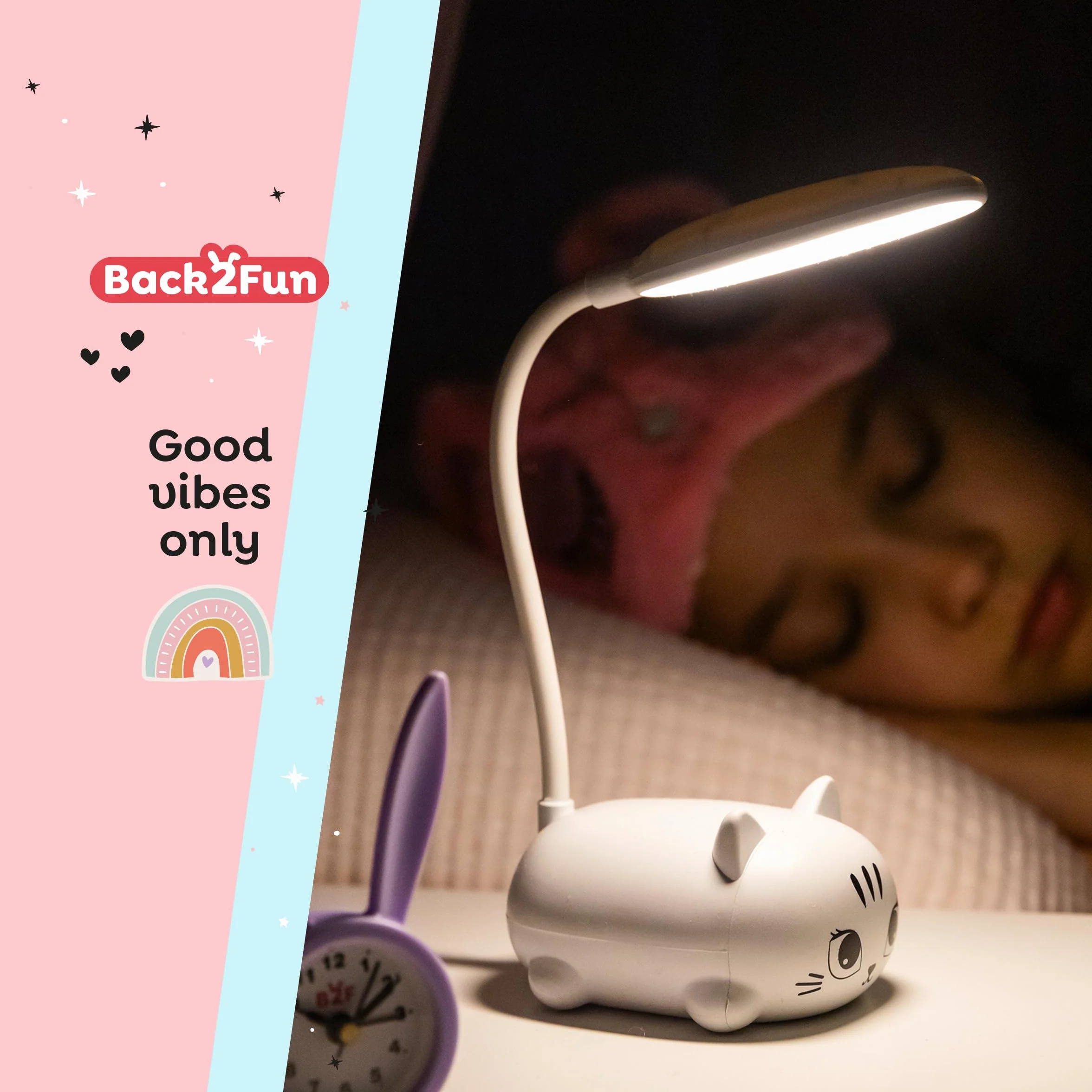 Back2Fun Lámpara de escritorio infantil gatito LED cálida cuello flexible recargable USB luz noche estudio