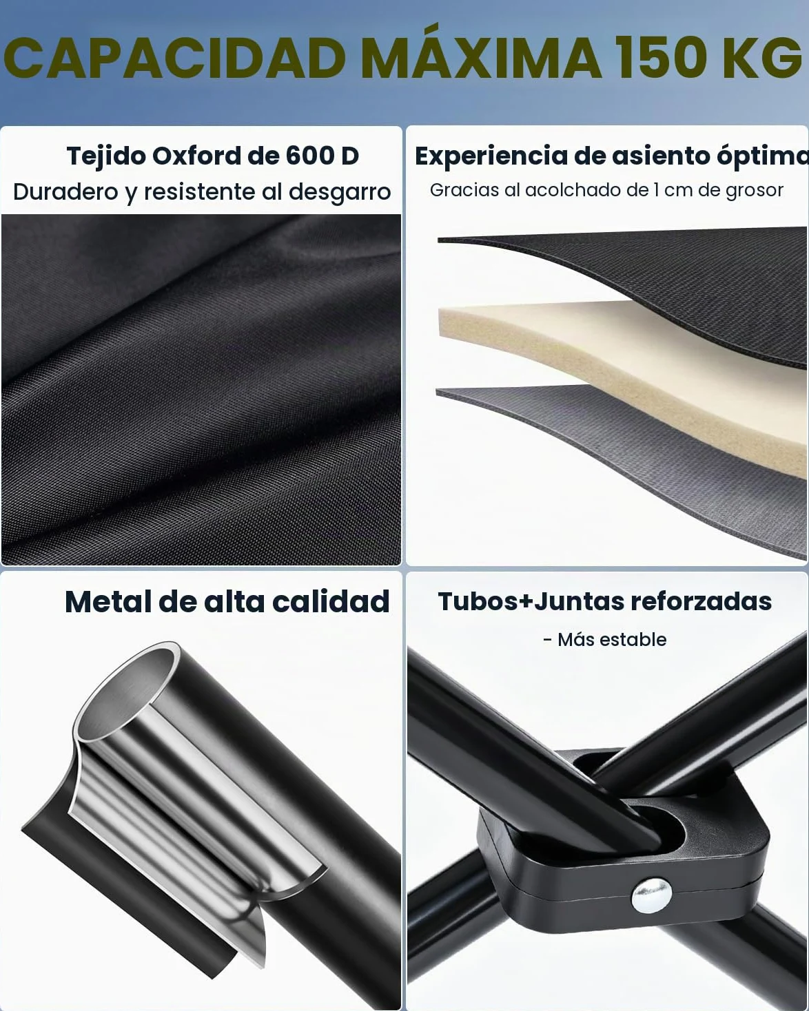 YEAUPE PRO Silla de Camping Plegable, Sillas de Pesca, hasta 150 kg, XL | Respaldo Alto, con Portavasos y Bolsa de Transporte, Silla Exterior para Camping, Playa, Jardín y Pesca