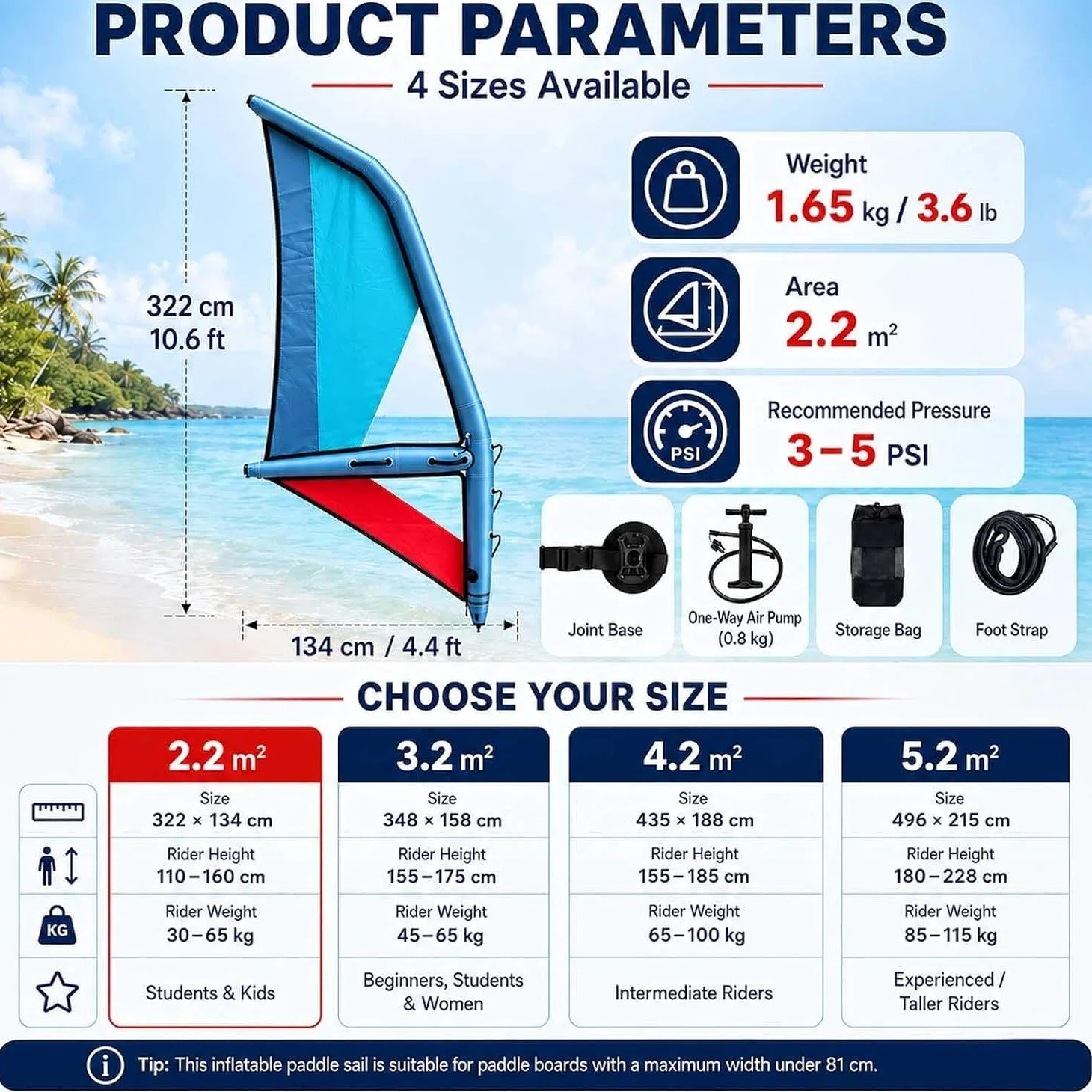 Kit de Vela Sup Hinchable con Bomba, Mochila y Base Giratoria 4.2m | Disponible En 2,2, 3,2, 4,2 O 5,2 M²; Siete Asas Facilitan El Agarre, El Levantamiento, Los Giros Y El Aprendizaje