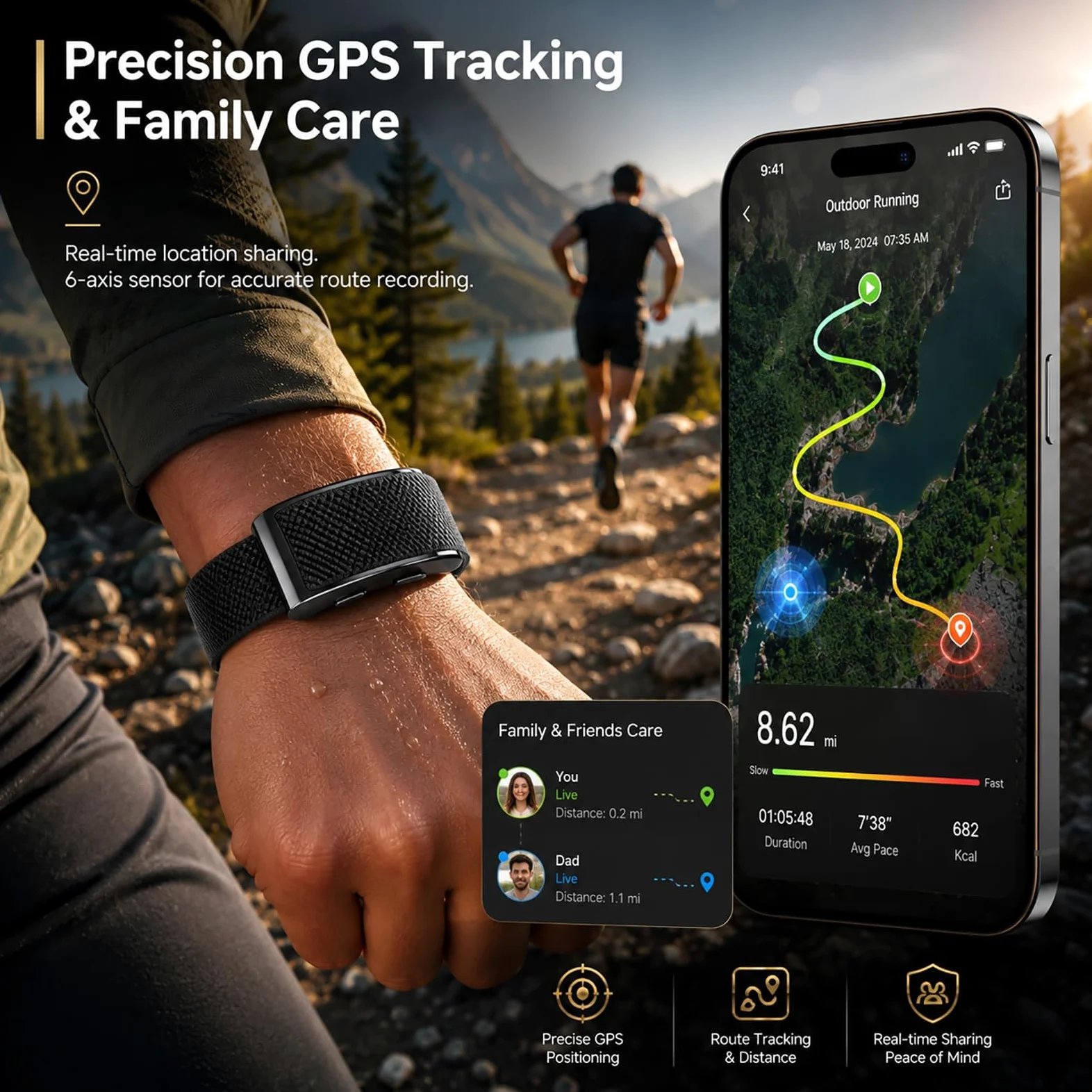 Rastreador de actividad GPS portátil, análisis de salud, monitor de frecuencia cardíaca del sueño, más de 100 modos deportivos, sin pantalla, SOS y detección de caídas, batería de larga duración