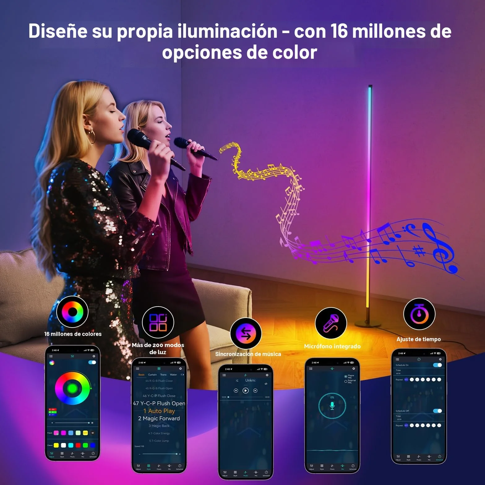 Lámpara de Pie LED Regulable RGB 160 cm Control por App y Mando a Distancia Sincronización de Música Temporizador