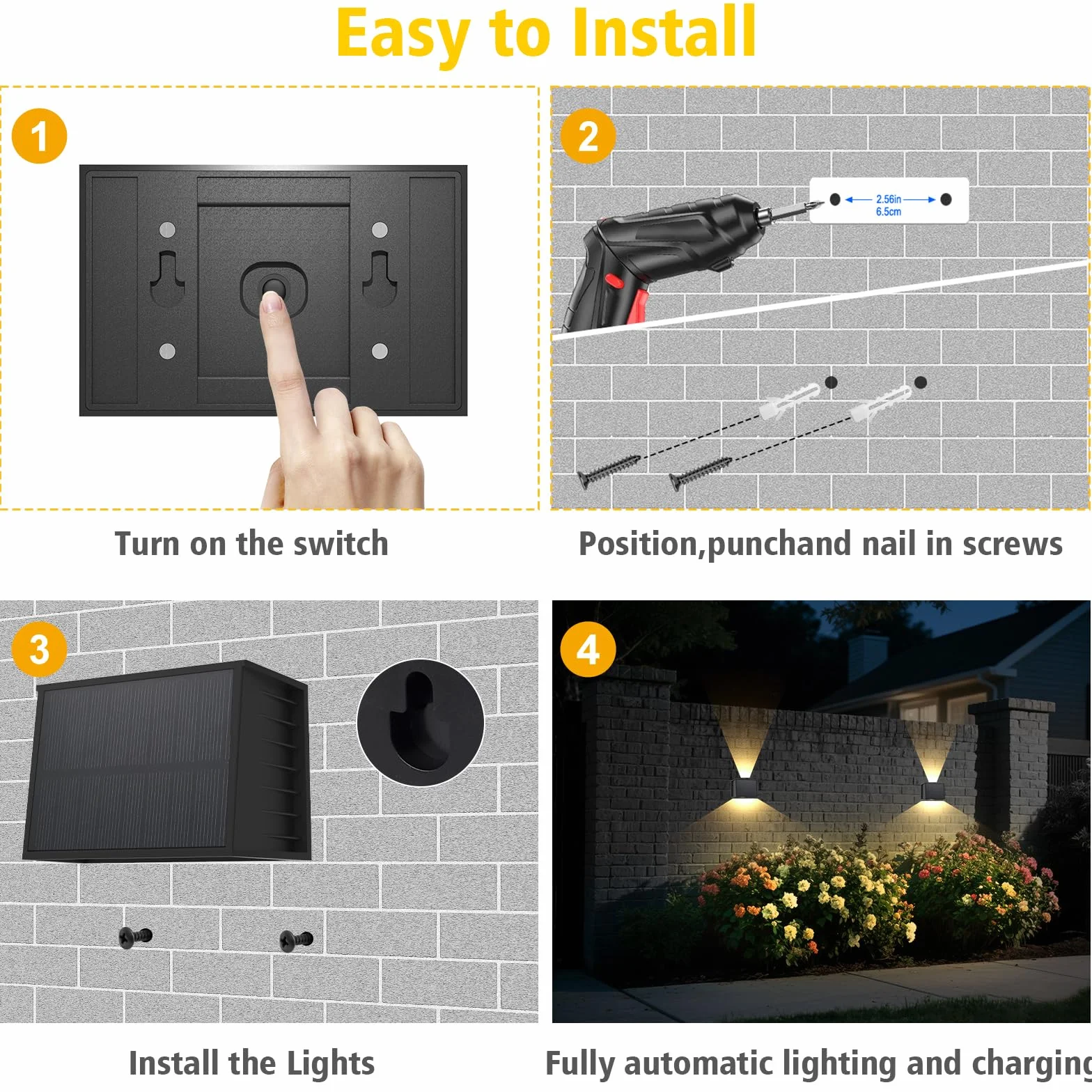 T-SUN Aplique Solar Exterior Pared 4 Piezas, 3000K Blanco Cálido Lámparas Solares Para Exterior Ángulo Del Haz Arriba y Abajo, Luces Solares Exteriores Jardin Impermeable para Porche, Camino, Garaje