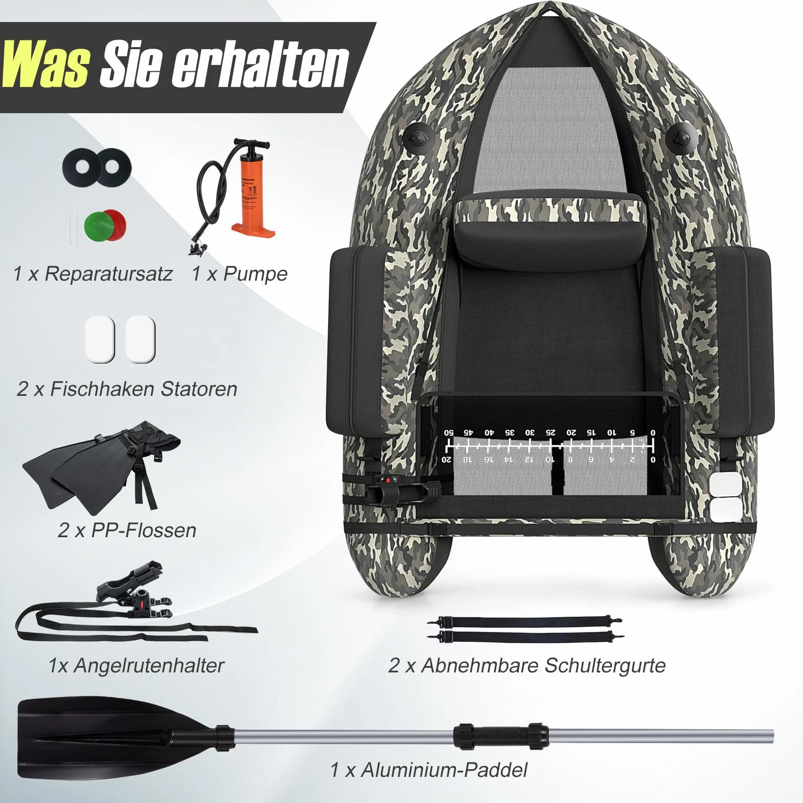 GOPLUS Bellyboot, Belly Boat soporta hasta 150 kg, bote inflable para pesca con remo de aluminio, bomba, aletas, regla de pescado, soporte para cañas y 2 correas de hombro, 135 x 109 x 54 cm