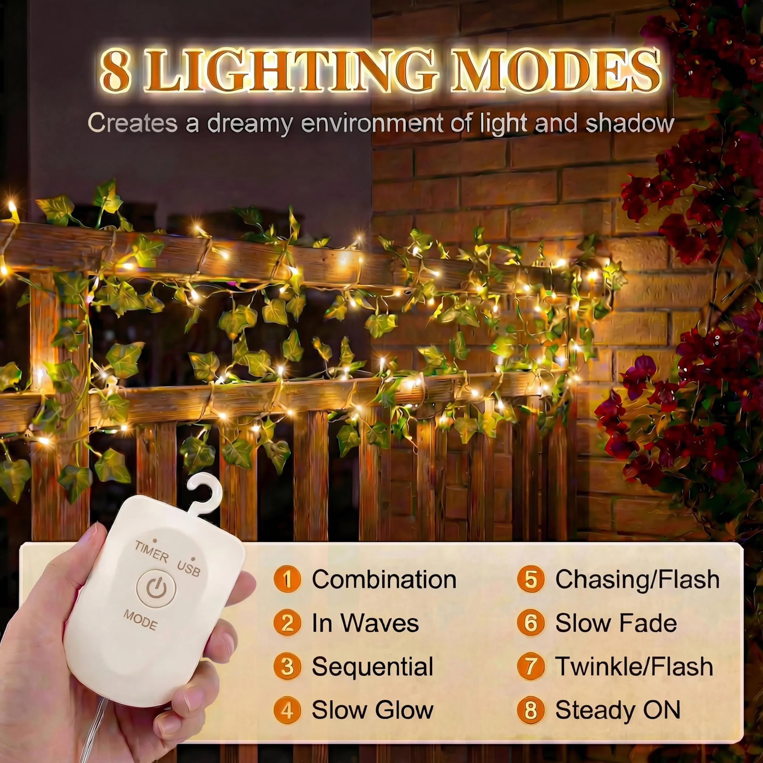 Luces LED de Hiedra Artificial 3M 30 LED, Guirnalda con Temporizador 8 Modos, USB para Interiores