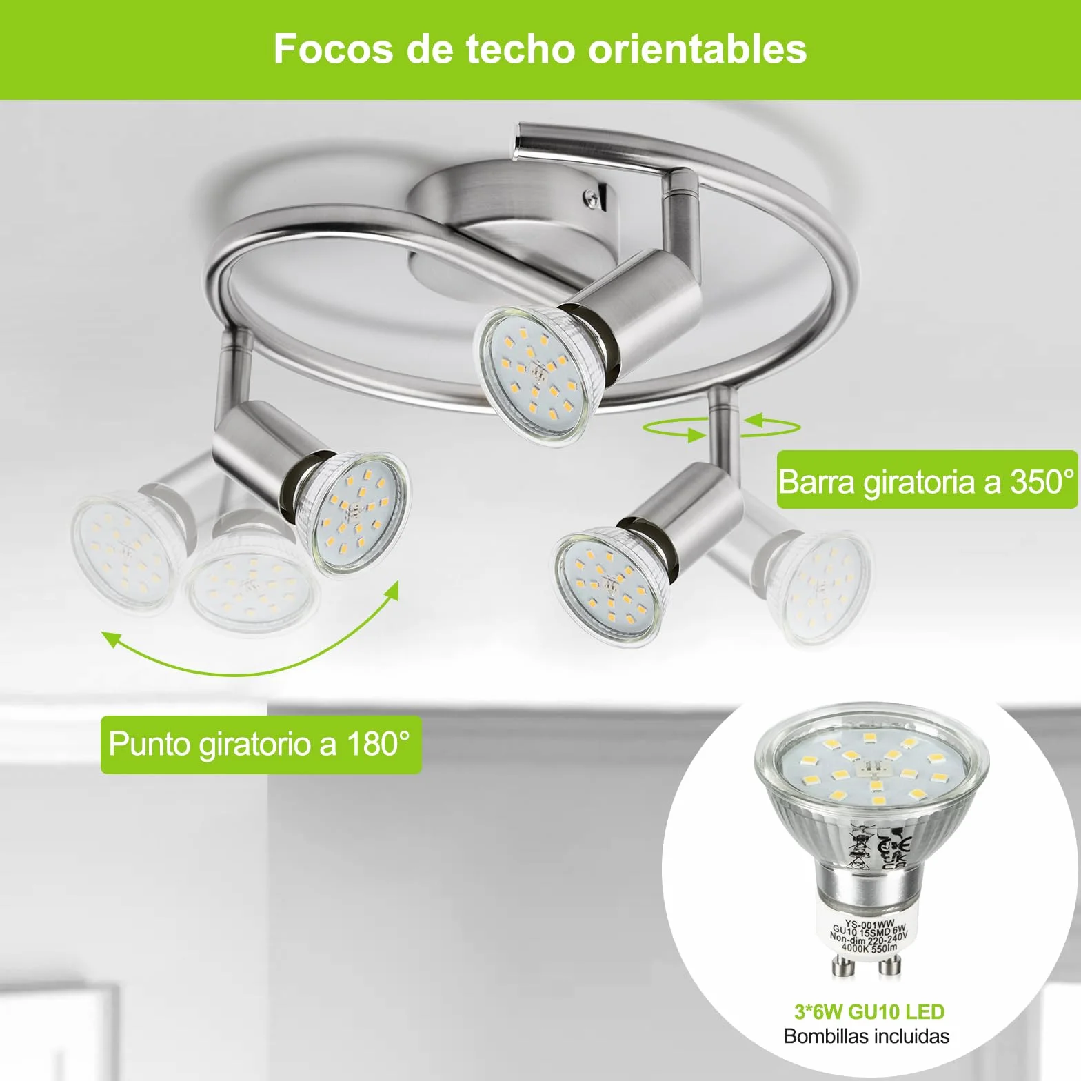 Bojim Lampara de Techo LED 3 Focos GU10 Blanco Natural 6W Níquel Mate
