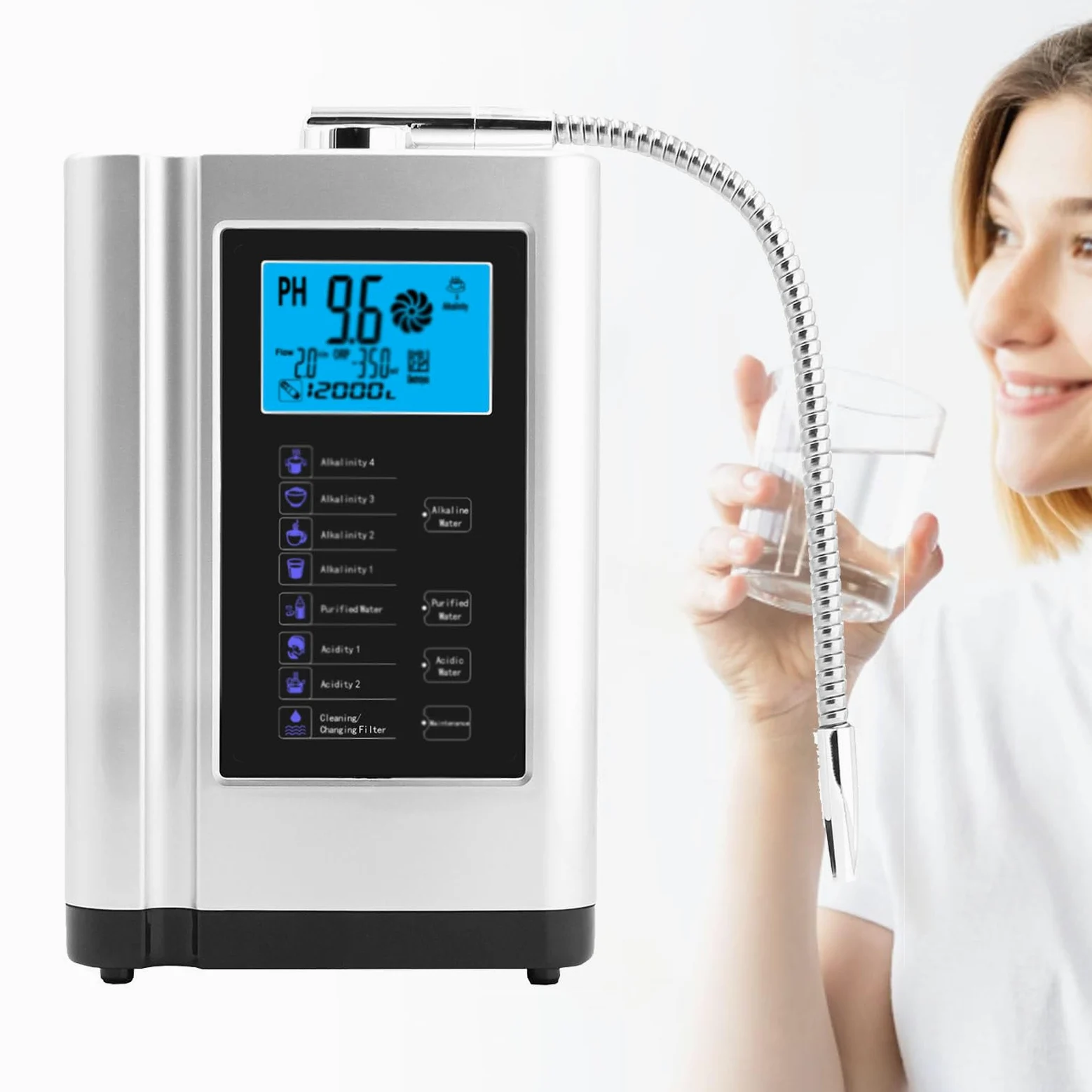 Máquina De Agua Electrolizada, Ionizador De Agua Alcalina De Ph 3.5-10.5, Valor De Orp Hasta -500 Mv, 8000 Litros Por Filtro, 7 Configuraciones De Calidad Del Agua, Limpieza Automática Silver