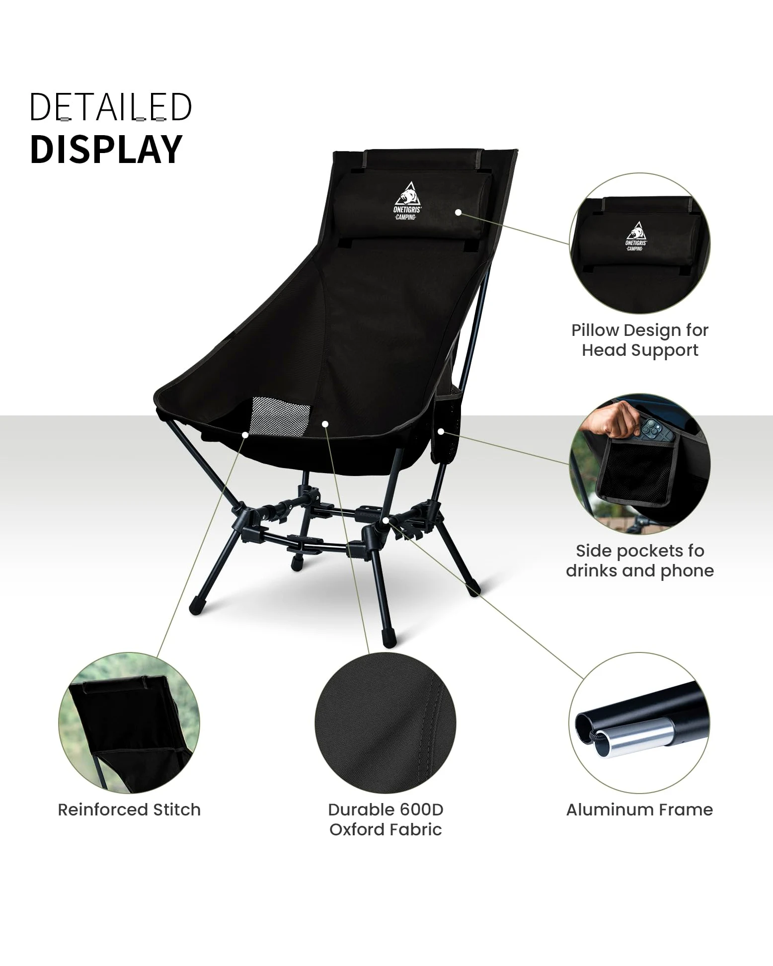 OneTigris Dragonhide - Silla de camping con diseño de almohada, cómoda silla plegable con asiento ampliado, capacidad de 275 libras