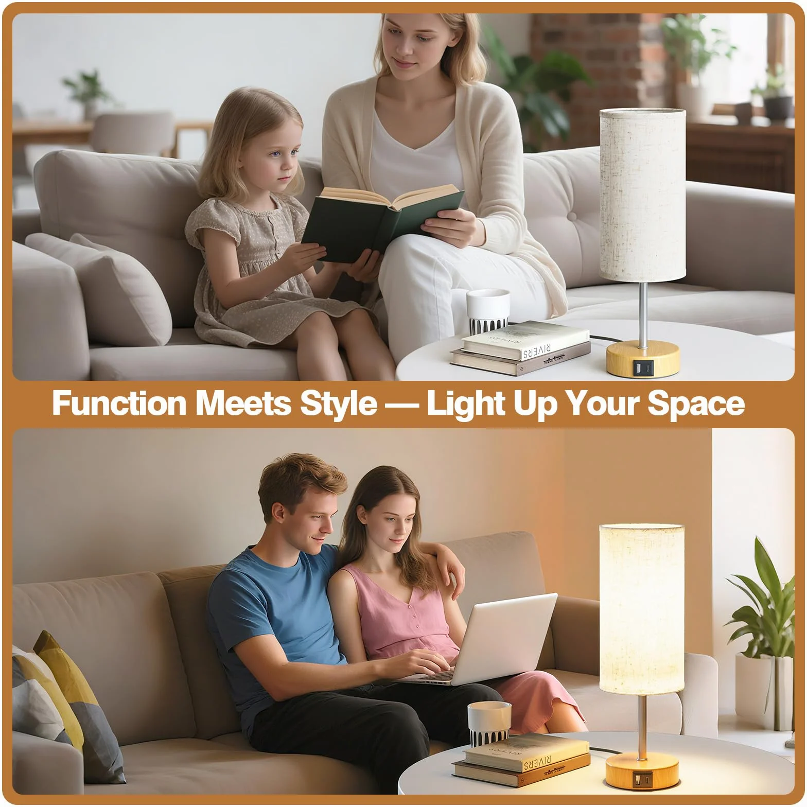 Lámparas de Mesita de Noche con Control Táctil USB-A USB-C Regulables 3 Niveles Pantalla de Lino Set de 2