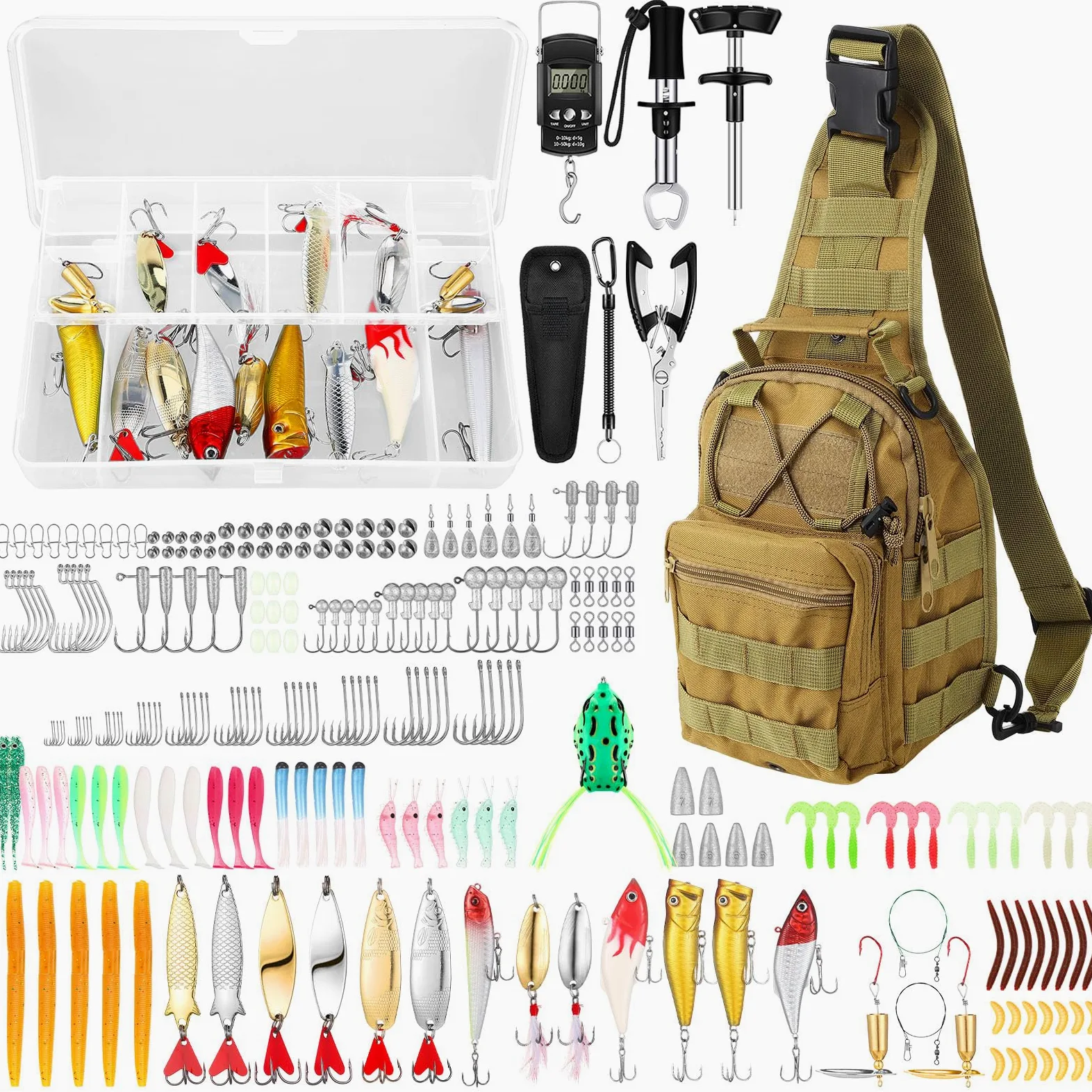 Gemscream Kit de herramientas de pesca de 393 piezas, caja de aparejos con aparejos incluidos, señuelos de pesca, alicates, equipo y equipo de aparejos de cebo, kit de equipo de señuelo, herramienta