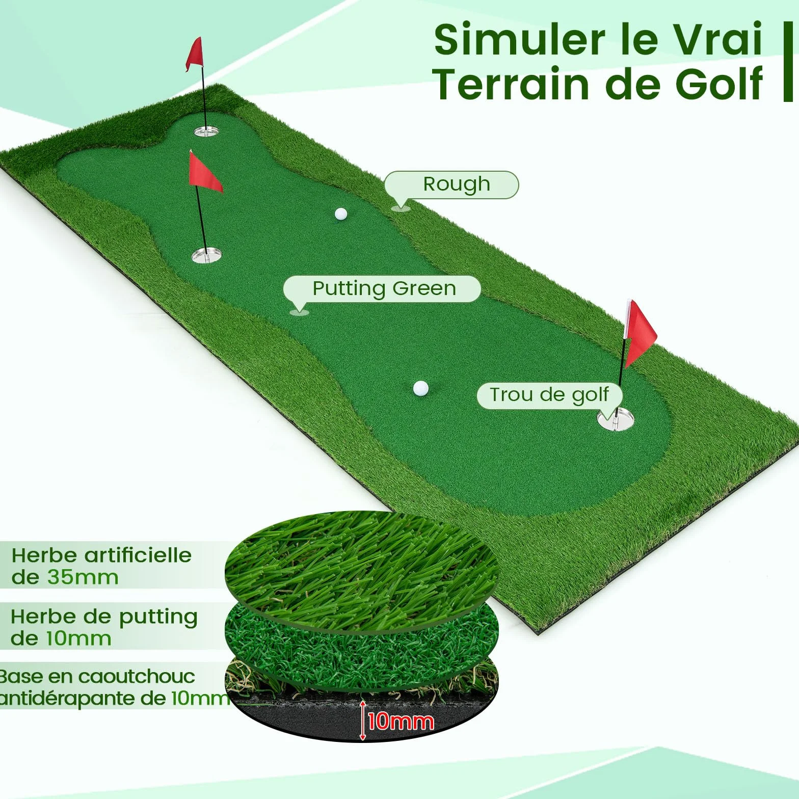 GOPLUS Alfombra de Golf para Putting 3x1 m, Entrenamiento de Golf con 3 Agujeros, Interior Exterior