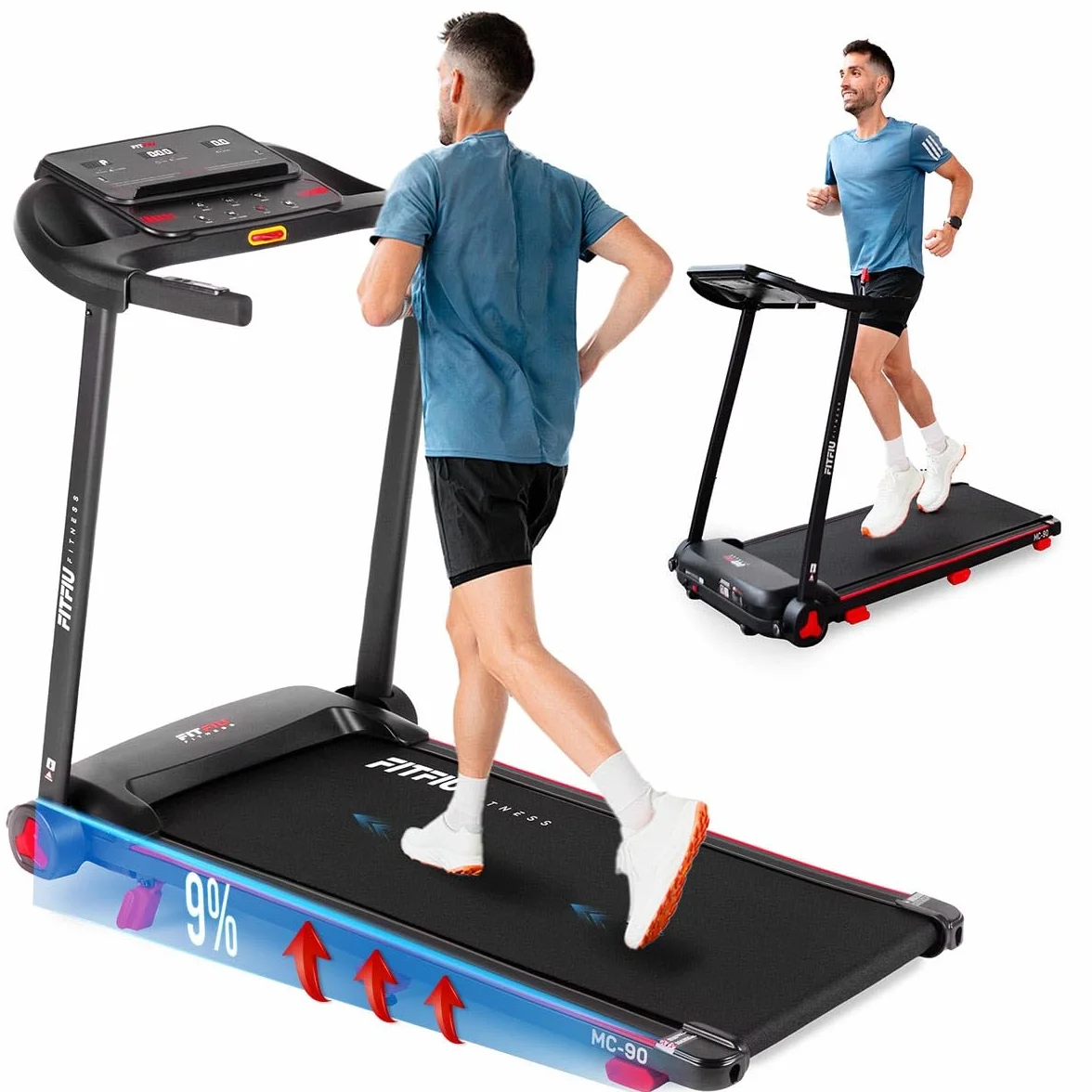 Cinta de Correr Plegable FITFIU Fitness Inclinación 9% y Velocidad Ajustable 14 km/h Conectividad App y Altavoces Integrados 12 Programas y Motor 2.0 HP con Soporte para Tablet MC-90