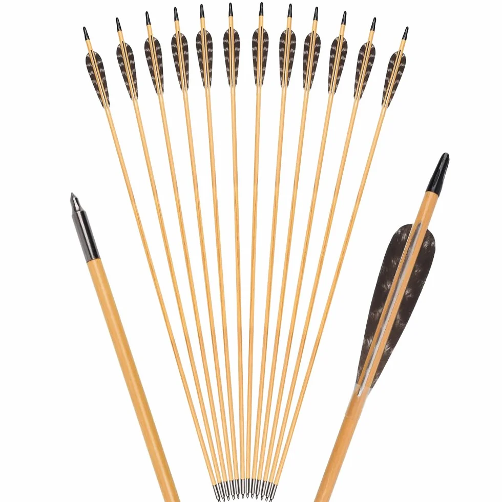Juego de 12 flechas de madera de 80 cm, con plumas naturales de 100 cm, para tiro arco, hechas a mano, para arco tradicional recurvo