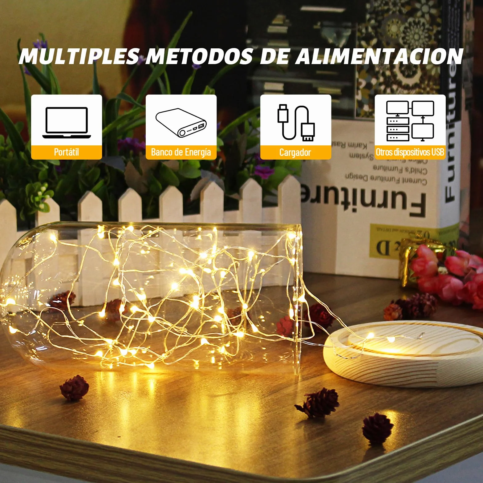 Guirnalda Luces 8 Modos Iluminación Impermeable Cadena Exterior Interior Memoria Decoración Navidad 5M