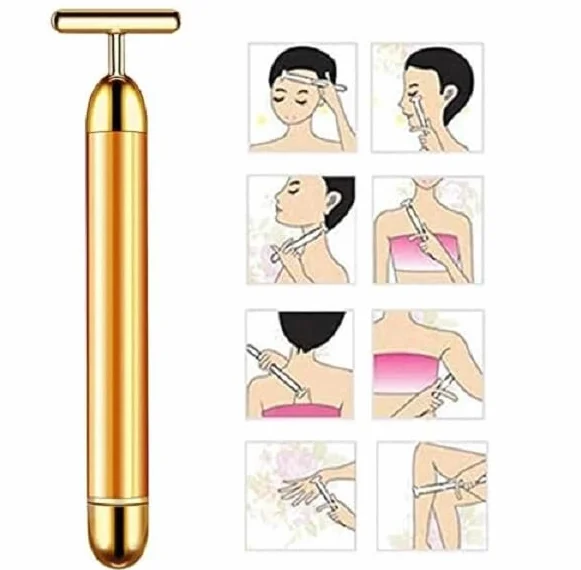 Masajeador facial eléctrico 2 en 1 rodillo 3D kit en forma de T herramientas doradas cuidado de la piel