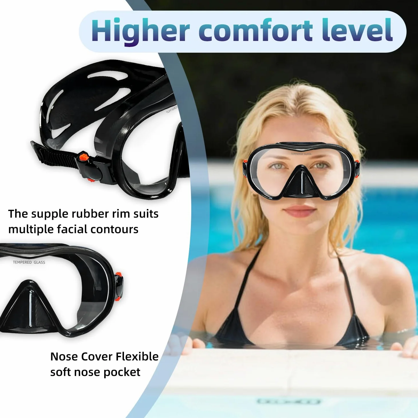 M105 - Máscara de buceo panorámica HD de silicona, antivaho de 180°, gafas de buceo de vidrio templado, gafas de buceo para adultos y jóvenes, gafas de natación para buceo, esnórquel, natación con
