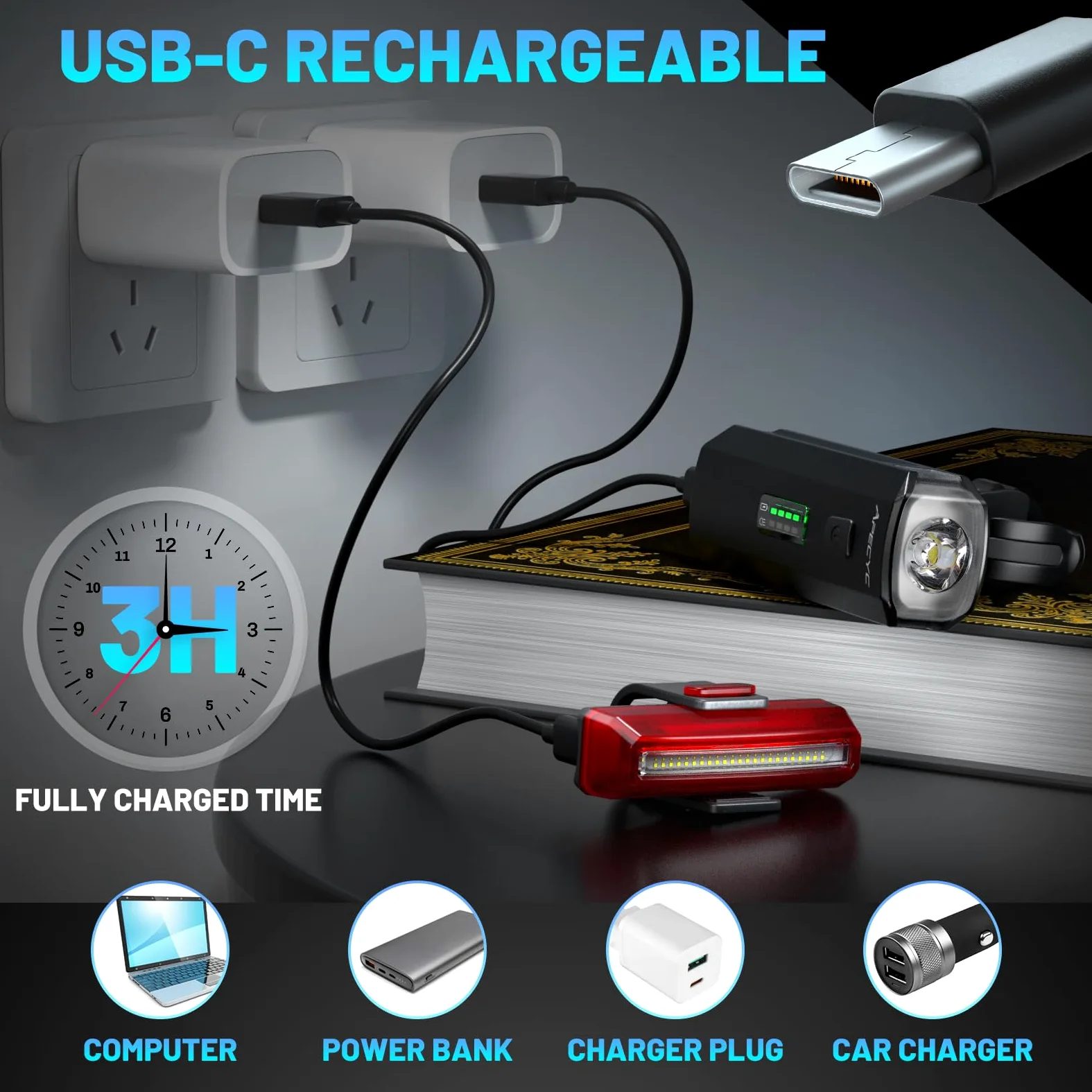 APECYC Luces de bicicleta para conducción nocturna, 1200 lúmenes, faro delantero y trasero de bicicleta con 4+5 modos de luz, juego de luces brillantes recargables por USB para ciclistas y viajeros