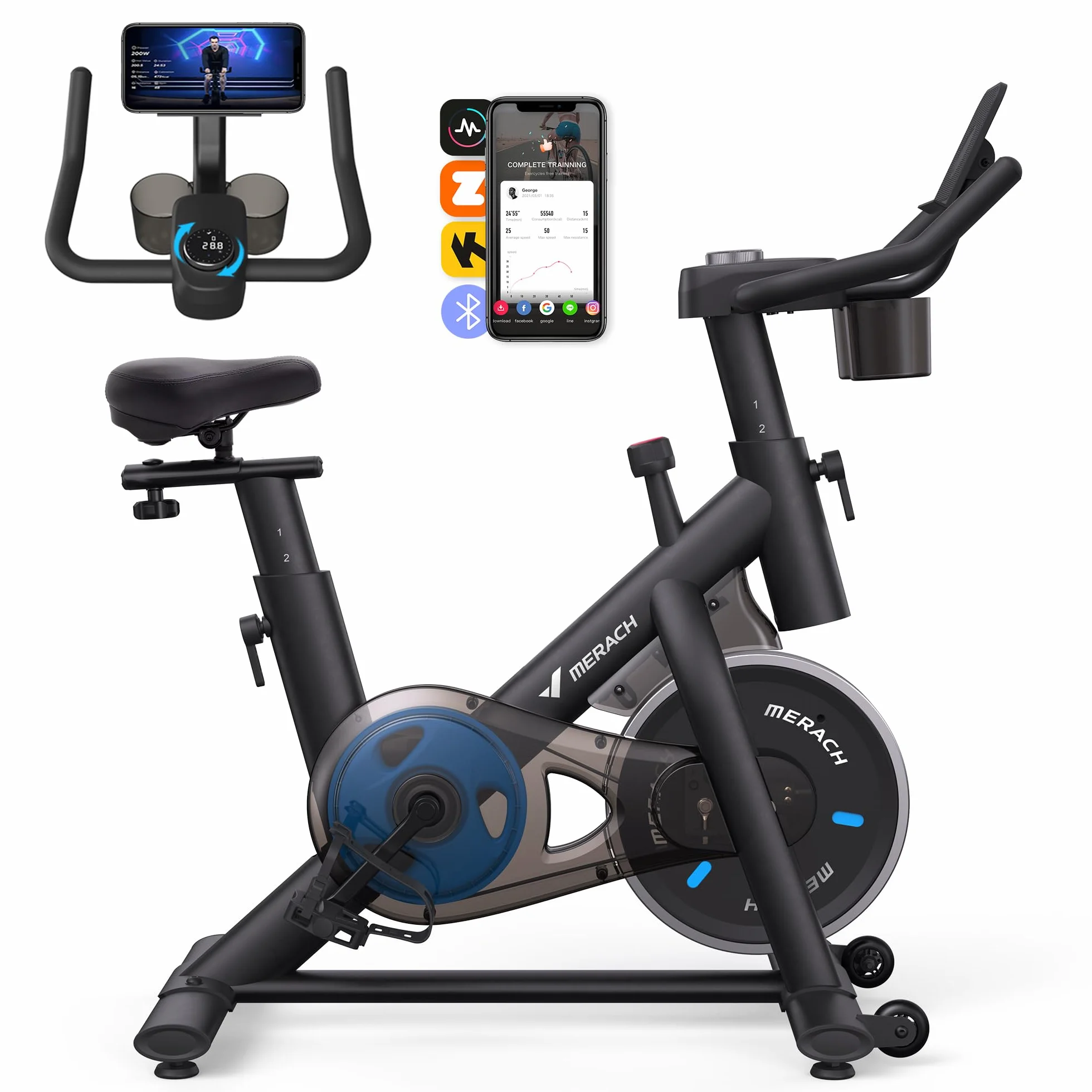 MERACH Bicicleta Estática en Casa con Resistencia Ajustable, Bicicleta Estatica Silenciosa con Monitor LED, Cómodo Cojín de Asiento, App Propia, Capacidad de 136 kg, Entrenamiento Aeróbico