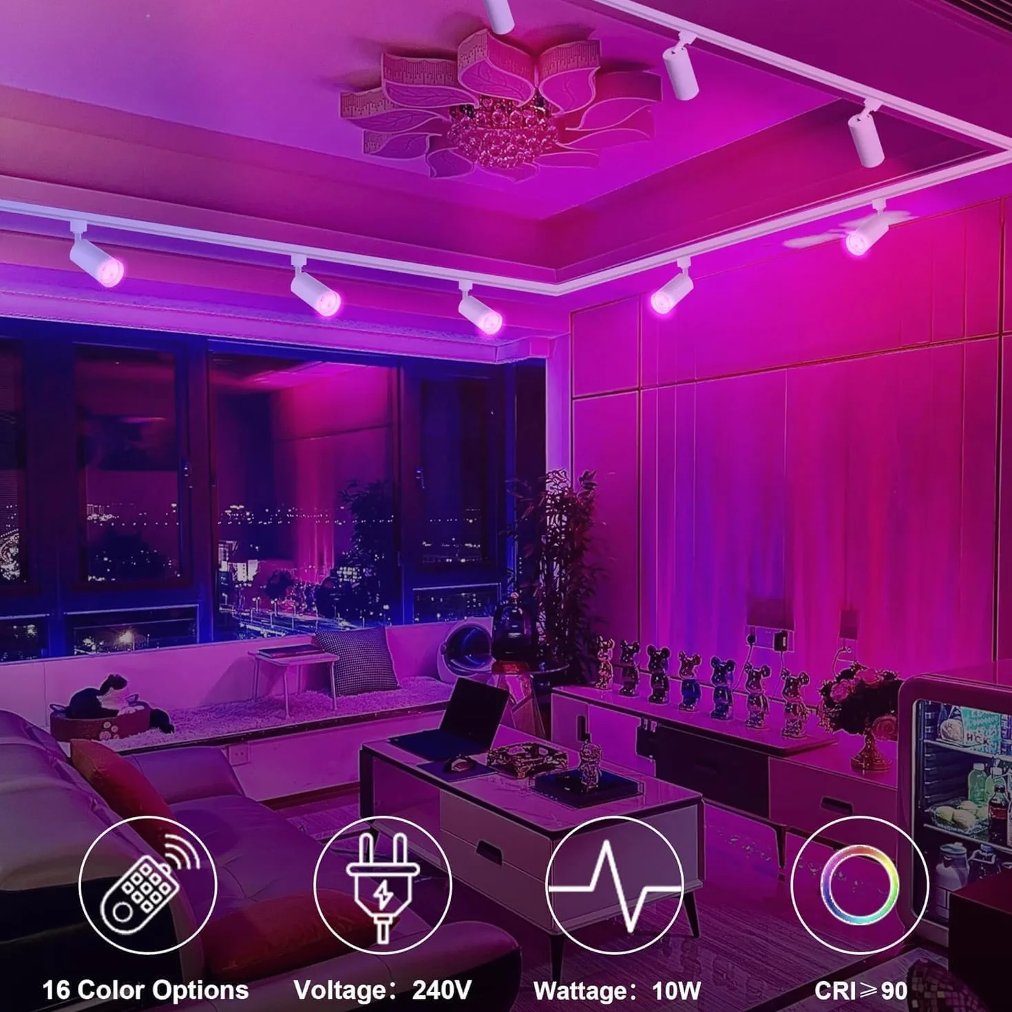GU10 16-Color RGB Track Lighting Kit, 8-Pack Color Changing Spotlights with 2x1.5M H-Rail, IR Remote