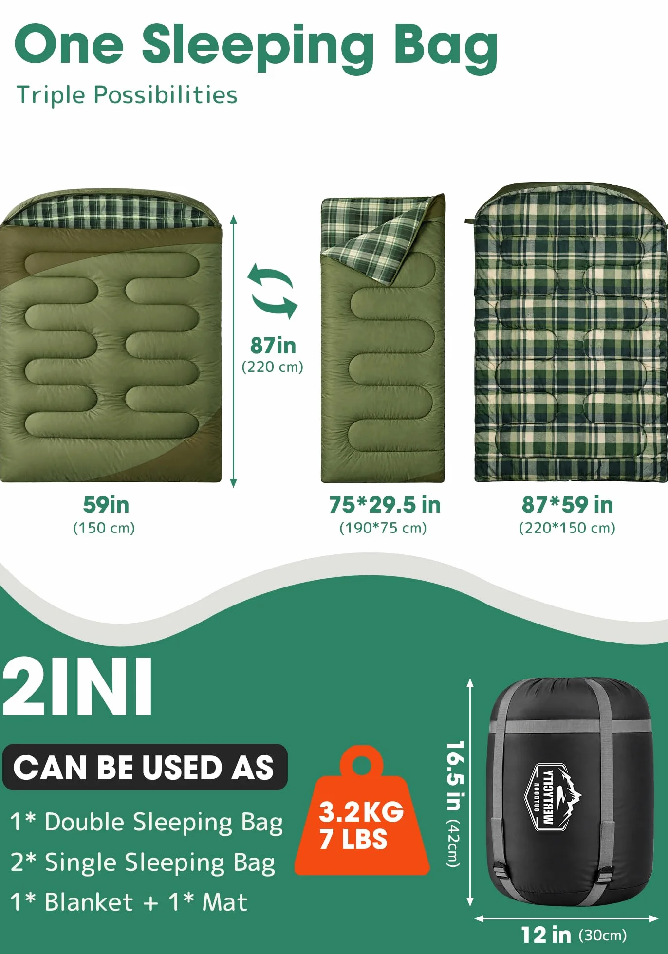 Saco de Dormir Doble de Franela de algodón con 2 Almohadas para Adultos y niños, Camping, 3 Estaciones, Saco de Dormir para Dos Personas, Ligero, Impermeable, con Saco de compresión, tamaño