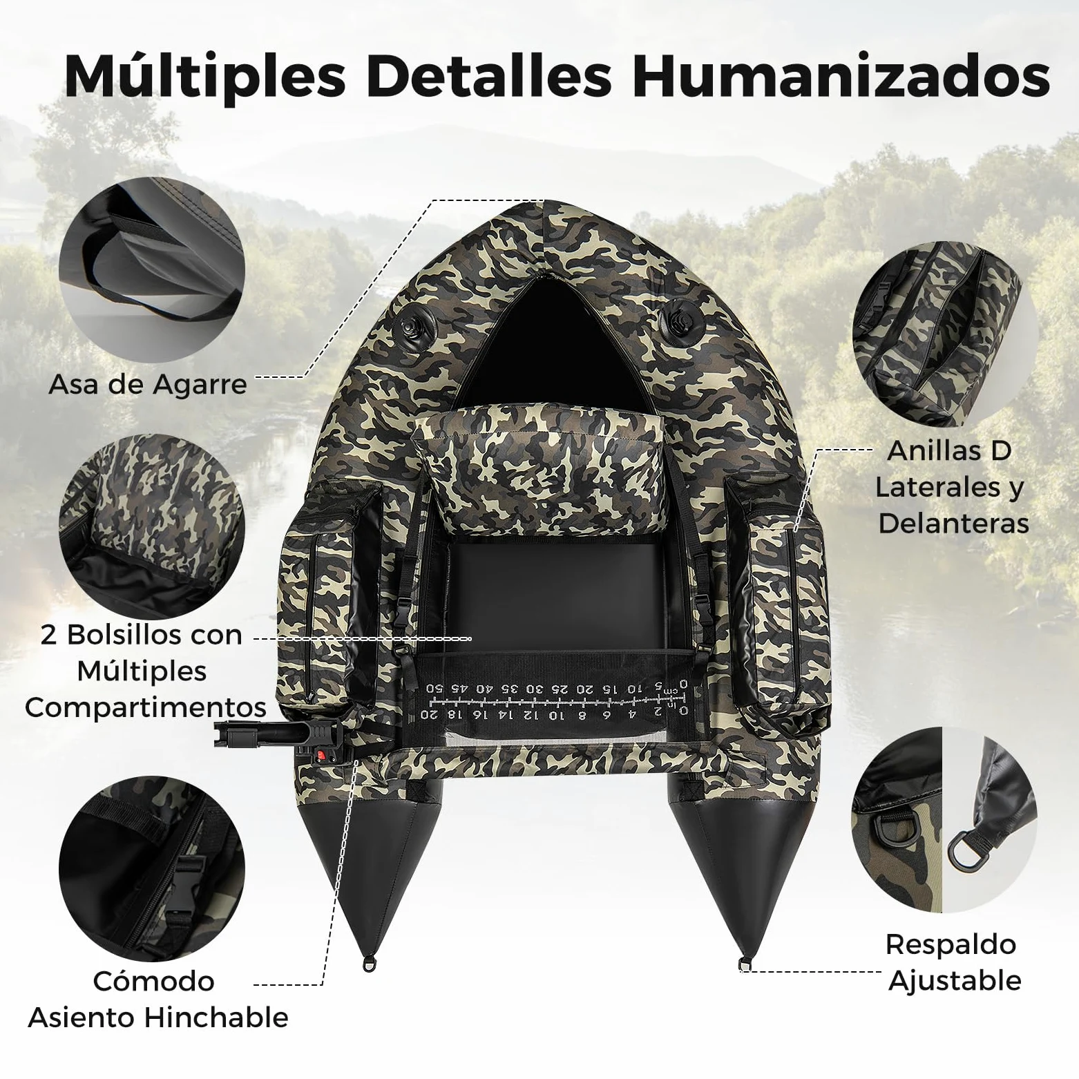 COSTWAY Barco de Pesca Inflable, Kayak Hinchable con 2 Aletas, Bomba Manual, Regla para Peces, Soporte para Caña, Bolsillos, Respaldo Ajustable y Correas, Bote Portátil para Adultos, Camuflaje