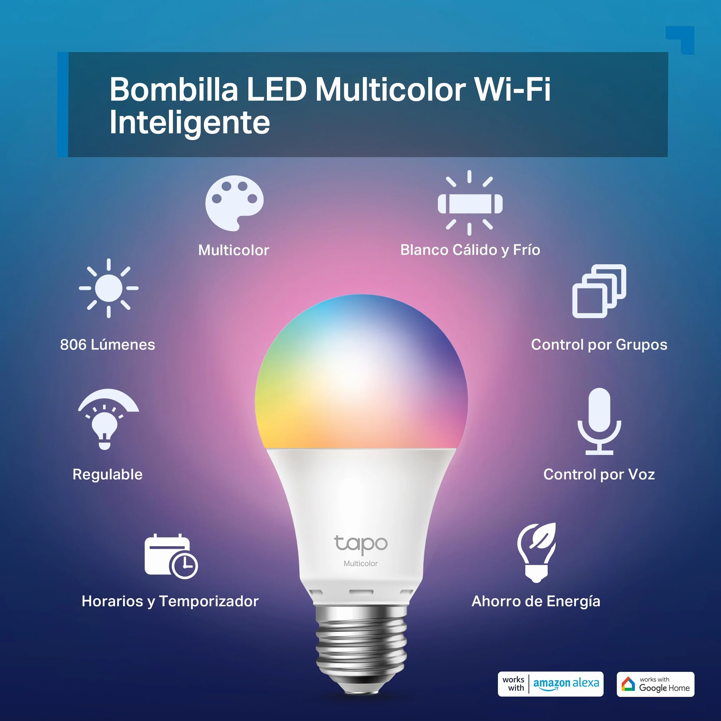 Tapo L530E Bombilla LED inteligente Wi-Fi multicolor regulable E27 60W 806 lúmenes compatible Alexa Google Home paquete de 2