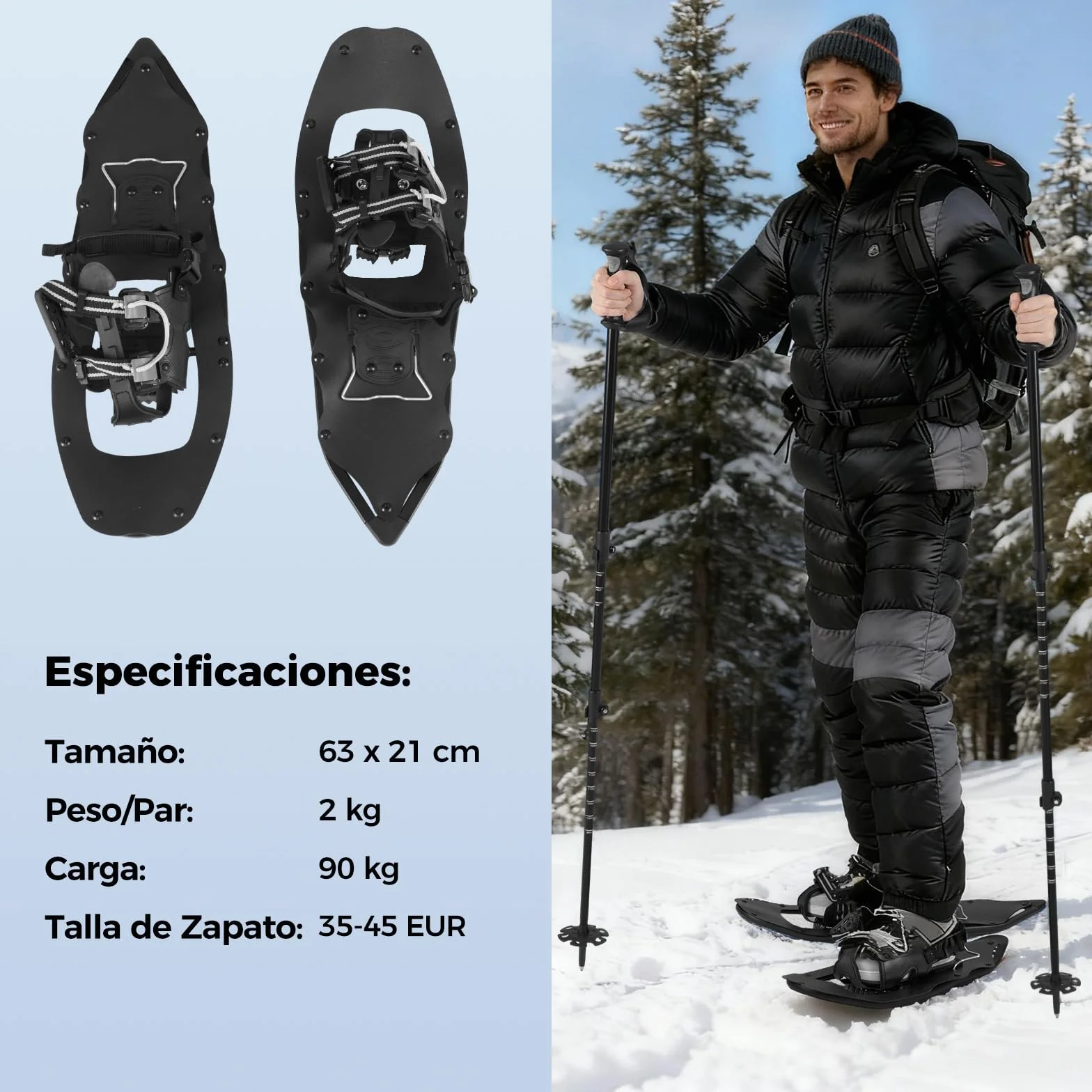 COSTWAY Juego de Raquetas de Nieve Aluminio Bastones Senderismo Fijación Ajustable Acolchado EVA Bolsa Transporte