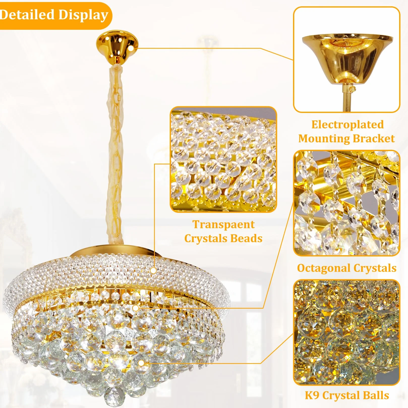 Lámpara de Araña de Cristal Moderna Dorada 62 cm E14