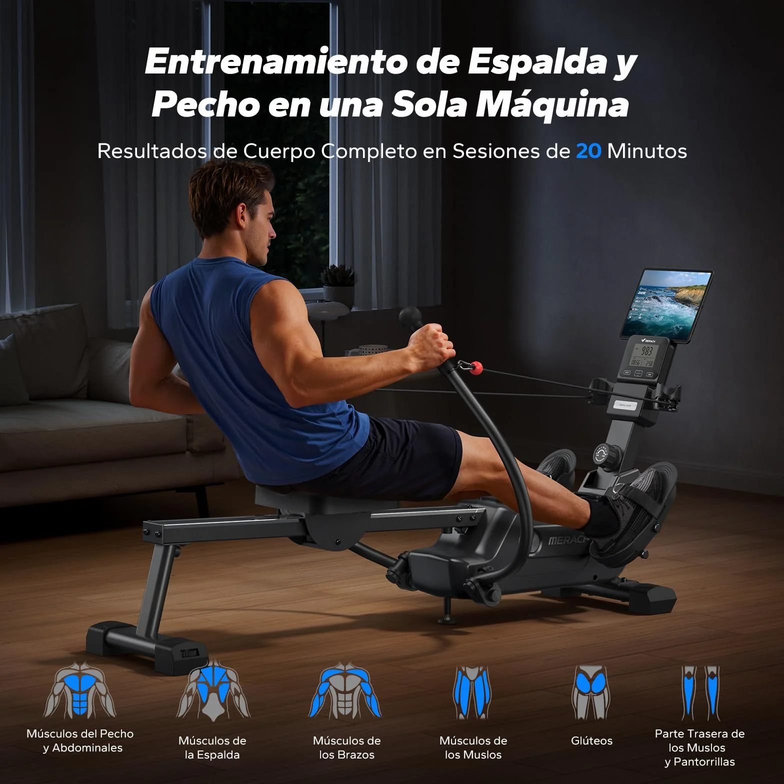 MERACH Máquina de Remo para casa con Exclusiva Tarjeta interactiva y Juegos, Aspecto Similar al tiburón, Experiencia de Remo intensa, Ahorra Espacio, Adecuada para Entrenamiento de Cuerpo Entero