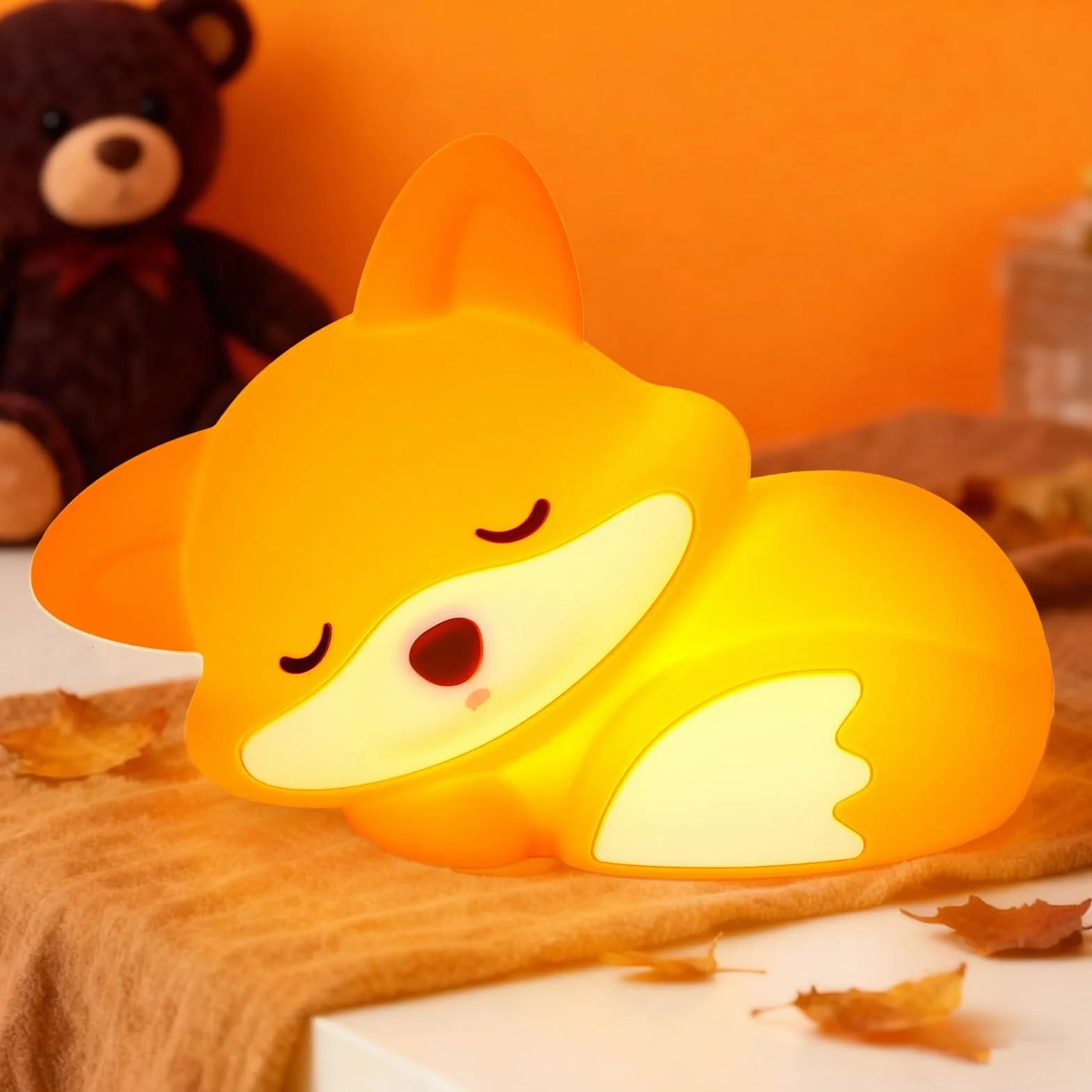 Amaredom Lámpara Infantil Zorro de Silicona Suave Luz Nocturna Bebé Brillo Regulable Apagado Automático 20 min