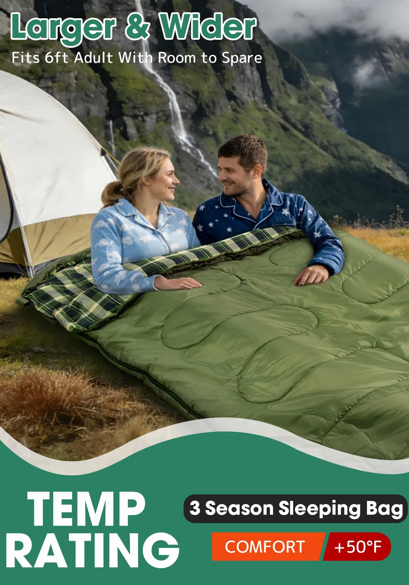 Saco de Dormir Doble de Franela de algodón con 2 Almohadas para Adultos y niños, Camping, 3 Estaciones, Saco de Dormir para Dos Personas, Ligero, Impermeable, con Saco de compresión, tamaño