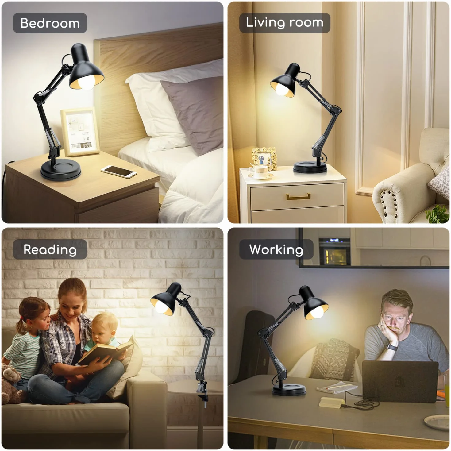 Aigostar Lámpara de Escritorio E27, Brazo articulado de metal, Lámpara de Mesa Ajustable Negro