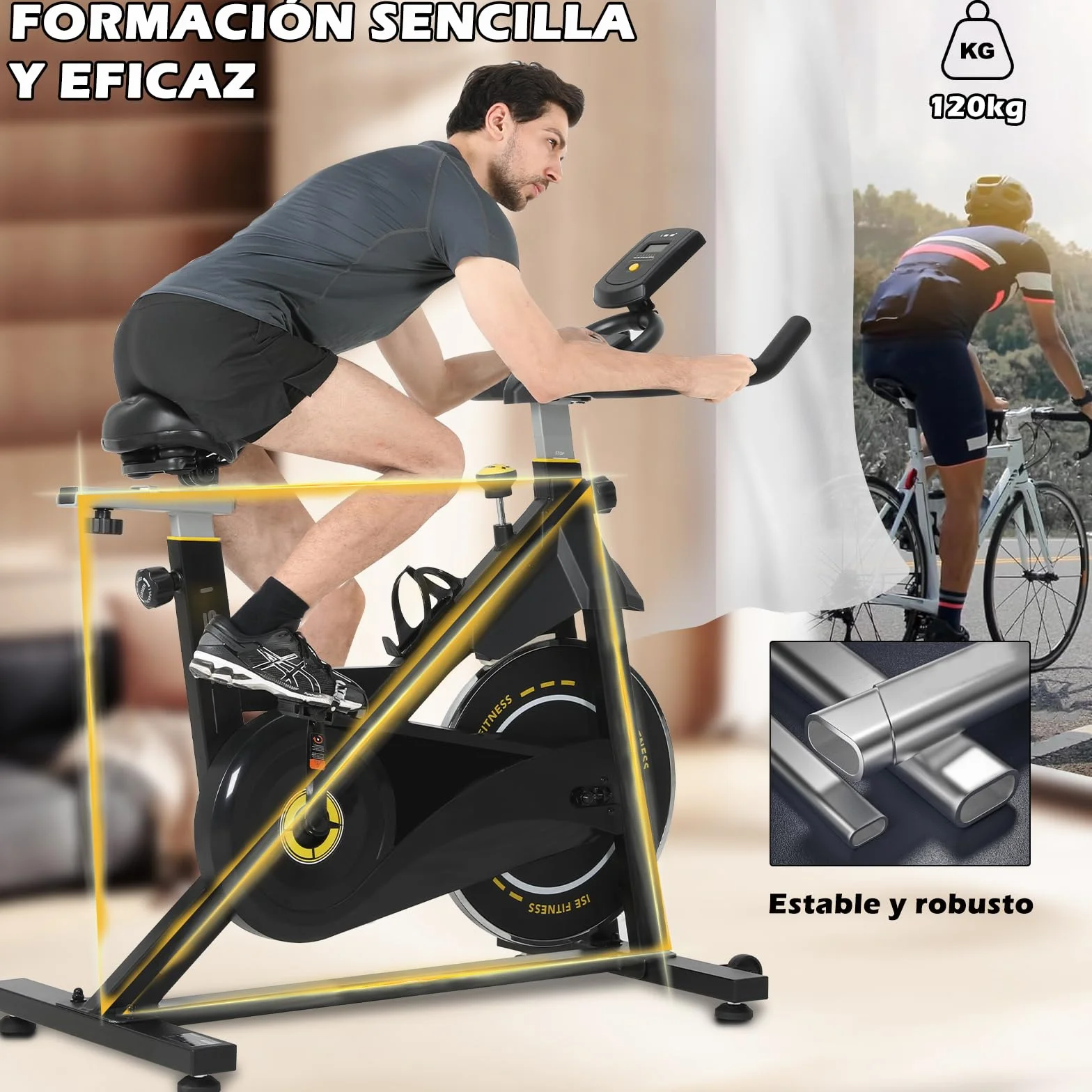 ISE Bicicleta Estática Ajustable Resistencia, Bici Estatica con LCD Pantalla, Soporte para teléfono móvil, Ipad y botella, Bicicleta Profesional, Sillín y Asa Ajustable, Max.120KG