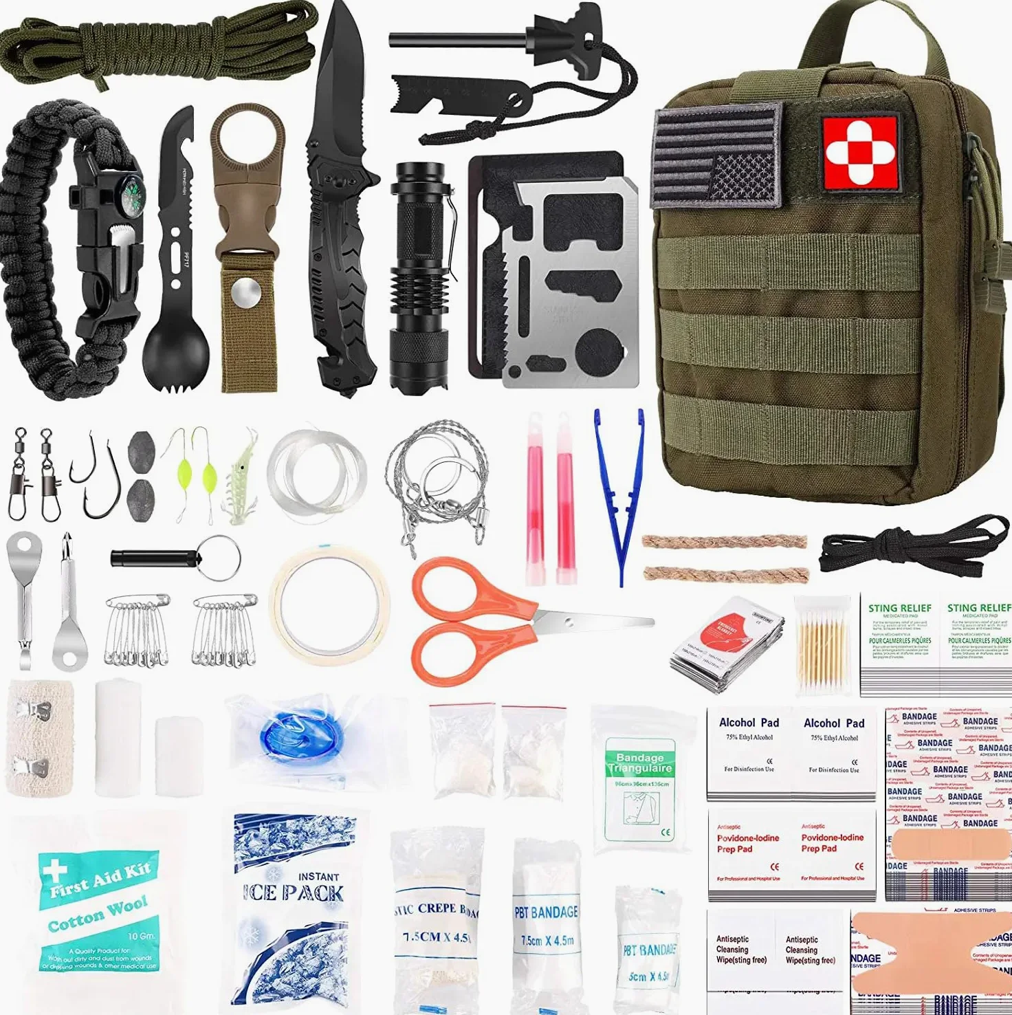 Kit de 216 herramientas de supervivencia de primeros auxilios, equipo profesional de supervivencia para primeros auxilios para emergencias, senderismo, hunting, desastres, campamento, aventuras, color