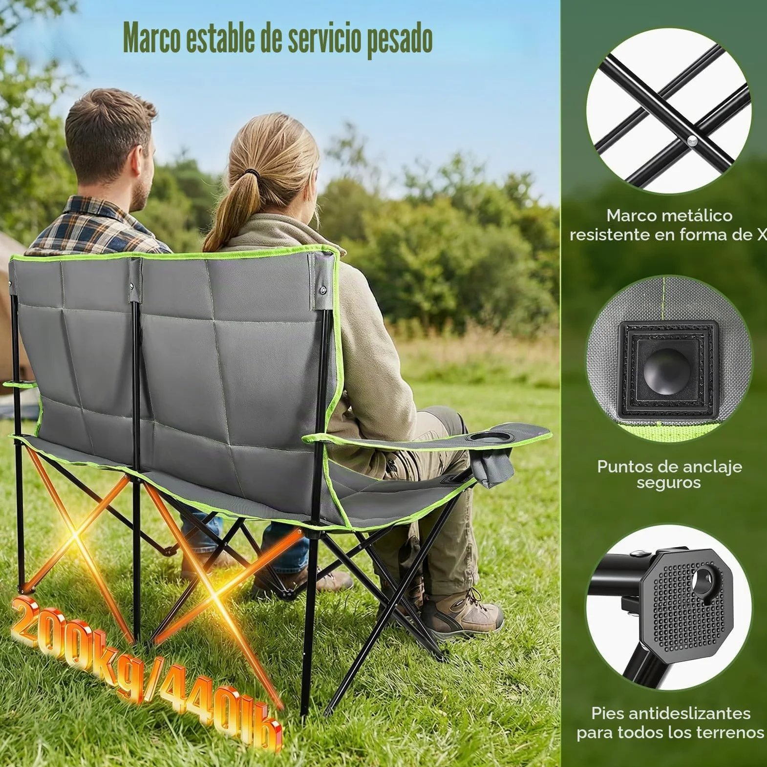 Silla de camping doble Rhyvorax para 2 adultos, sillas de camping plegables de alta resistencia con portavasos, silla de playa portátil para exteriores, jardín, picnic, pesca – Soporta 300kg (Verde +