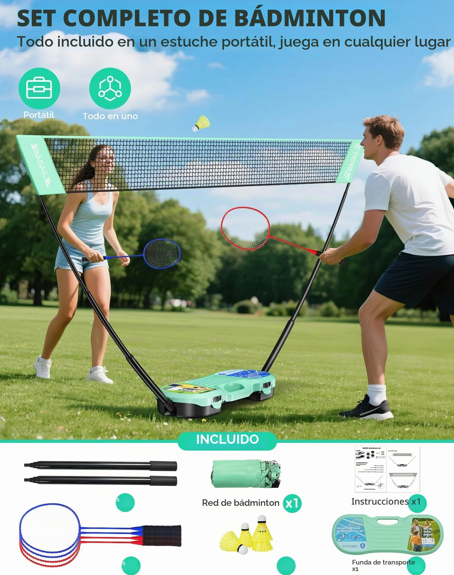 BAGAIL Conjunto de Red de Bádminton Portátil con 4 Raquetas y 4 Volantes