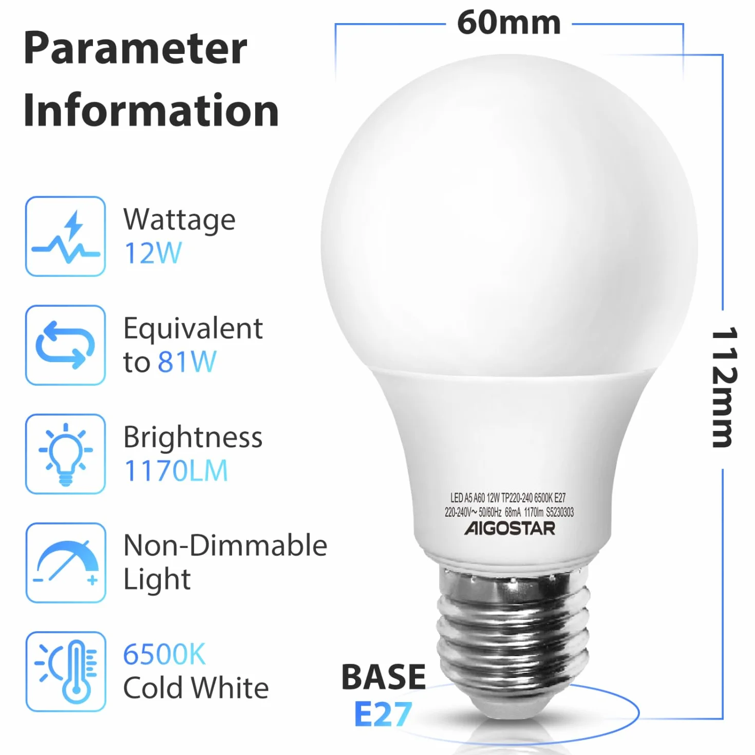 Aigostar Bombilla LED E27 12W 6500K 1170 lúmenes A60 Ángulo 280º Caja de 7 unidades