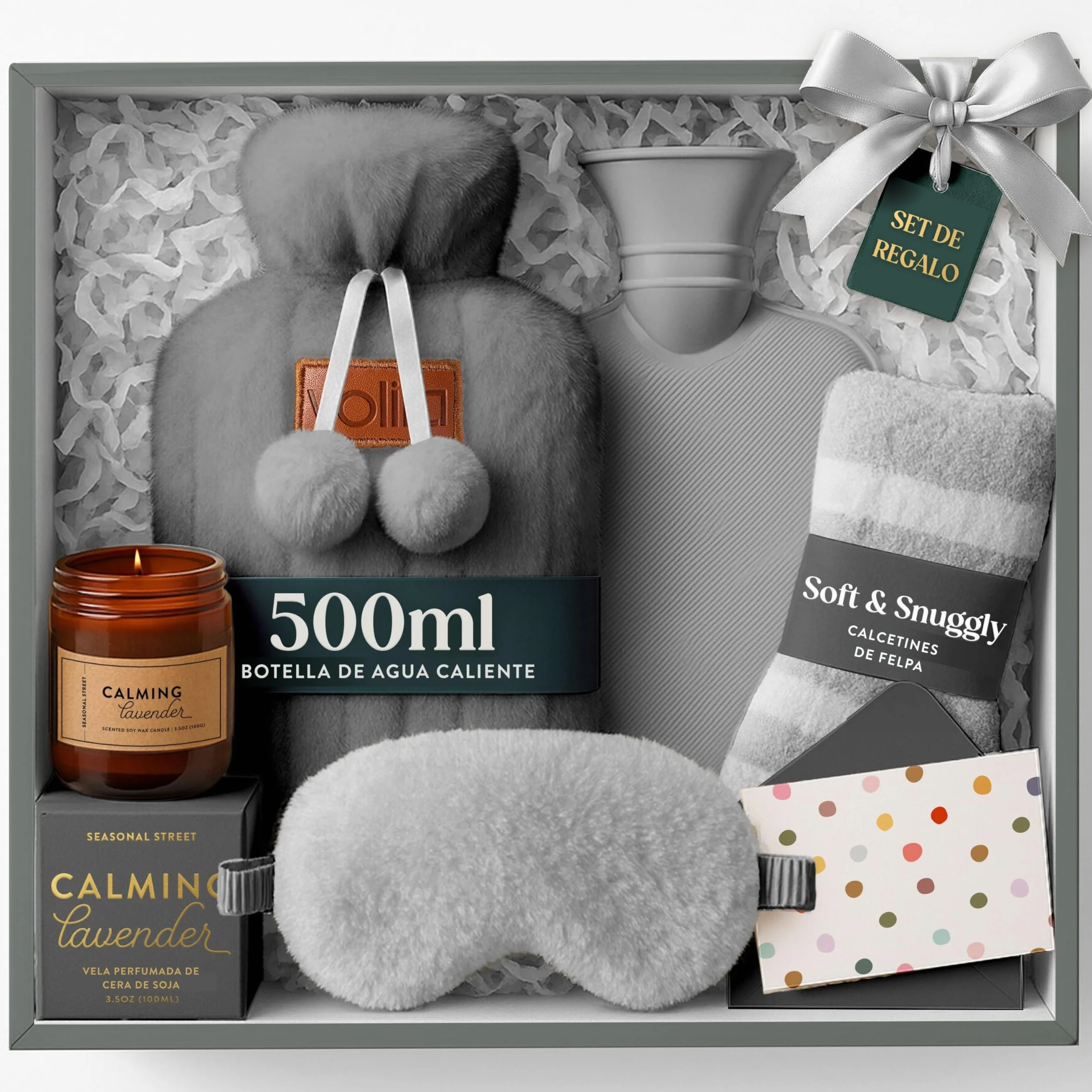 Regalo Mujer Set con Bolsa de Agua Caliente Gris, Calcetines de Felpa, Vela de Lavanda, Máscara para Ojos
