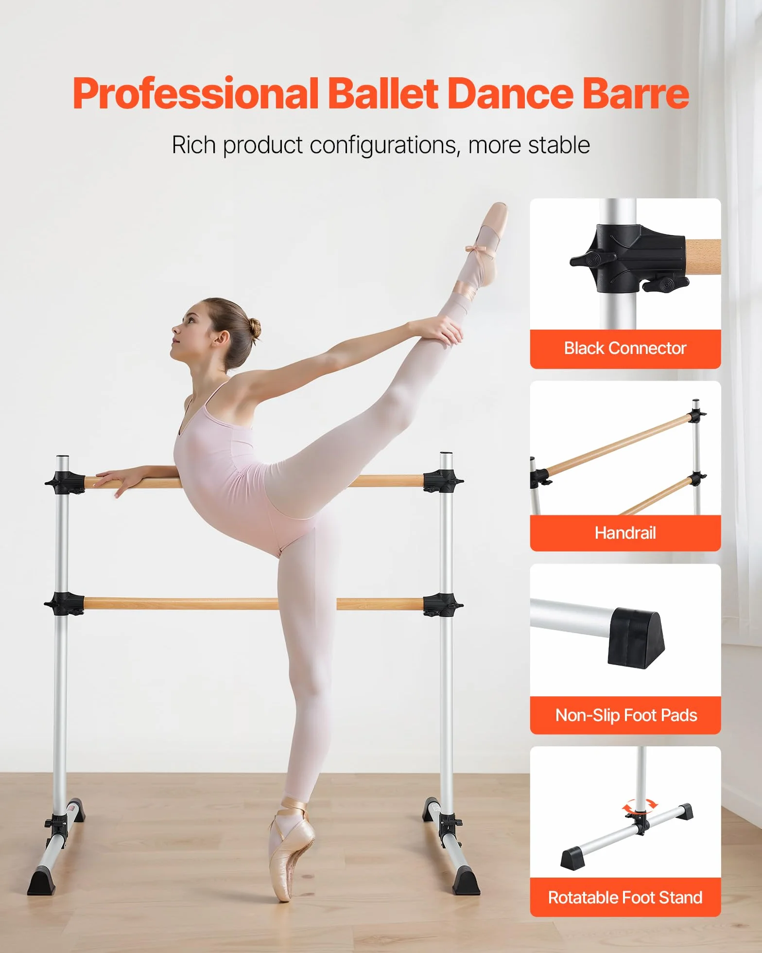 VEVOR Barra de Ballet Independiente Doble, Madera, Entrenamiento de Equilibrio, 1260x760x1180 mm, Carga 136 kg